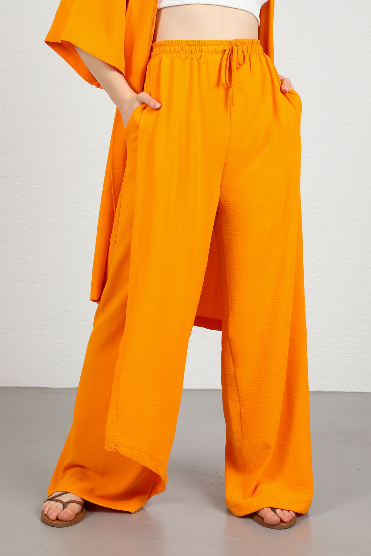 Seda Linen Fabric Elastic Waist Comfy Women Trouser-Orange