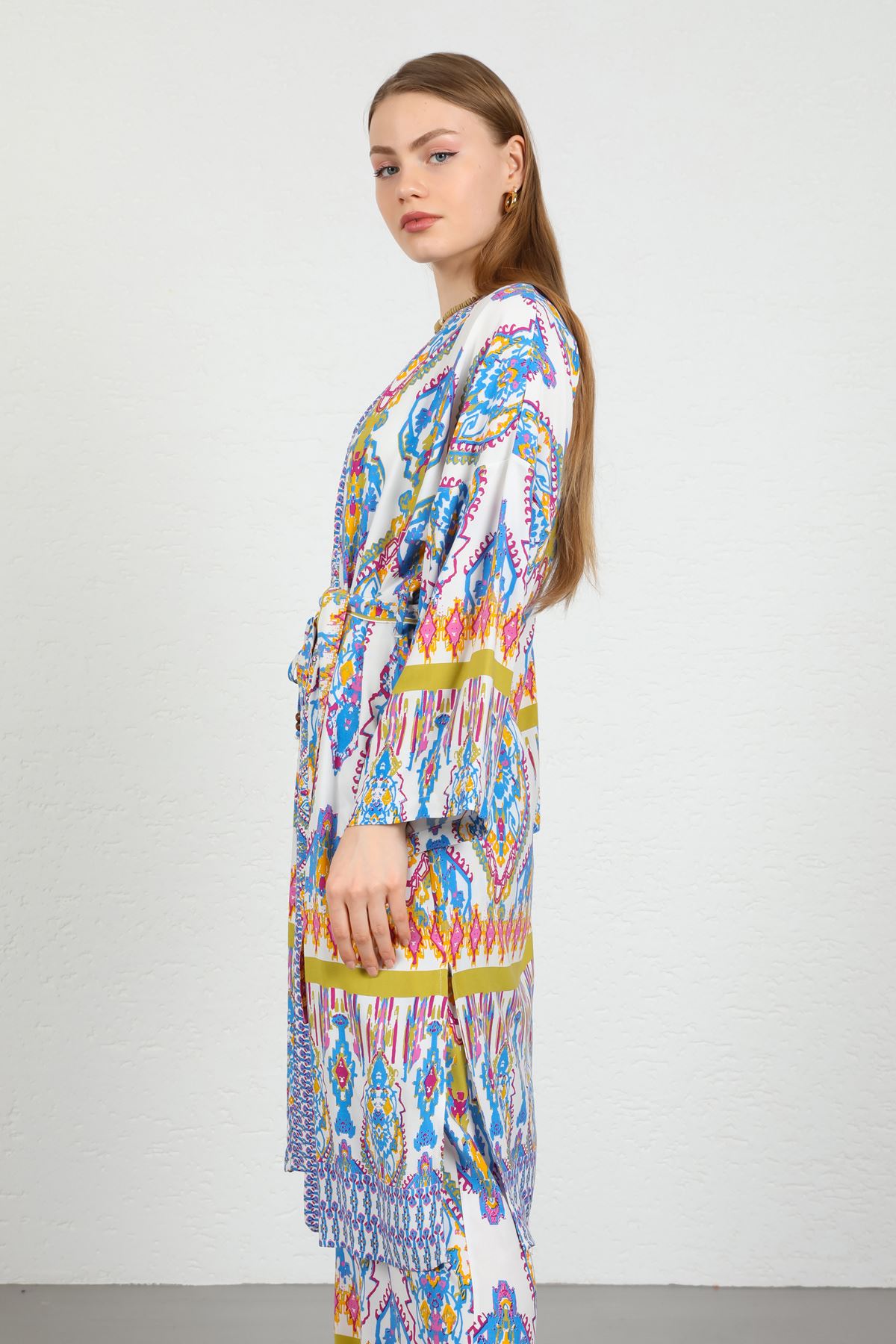 Viskon Empirme Kumaş Etnik Desen Uzun Kadın Kimono-Mavi