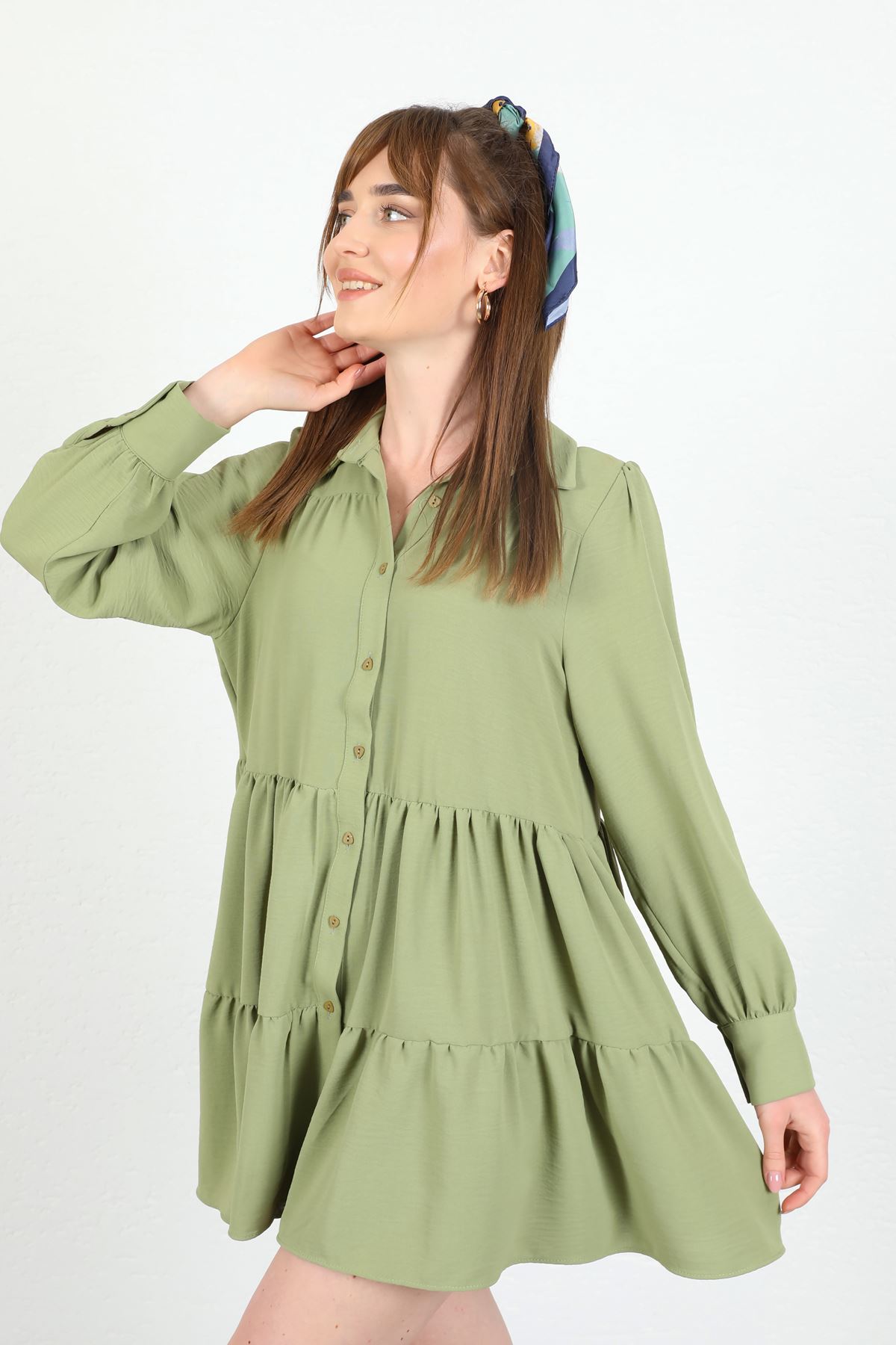Aerobin Fabric Long Sleeve Shirt Collar Mini Oversize Women Tunic - Khaki 