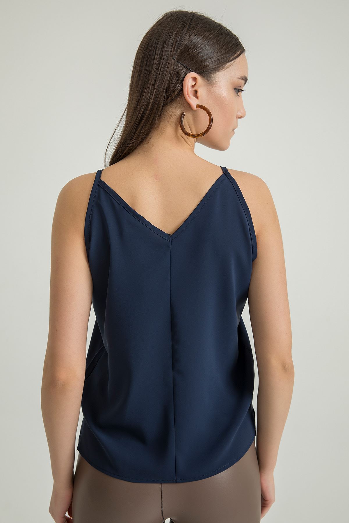 джессика ткань на бретельках V-образный вырез женская блузка -Темно синий