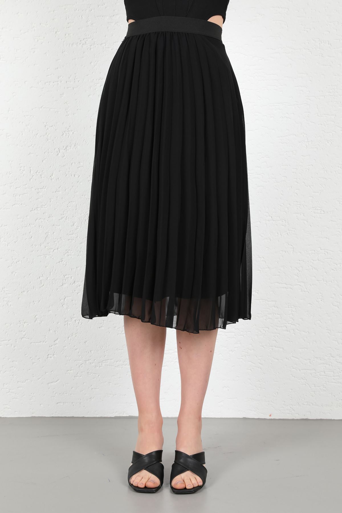 шифон ткань миди длина свободный Плиссированная женская юбка - Чёрный