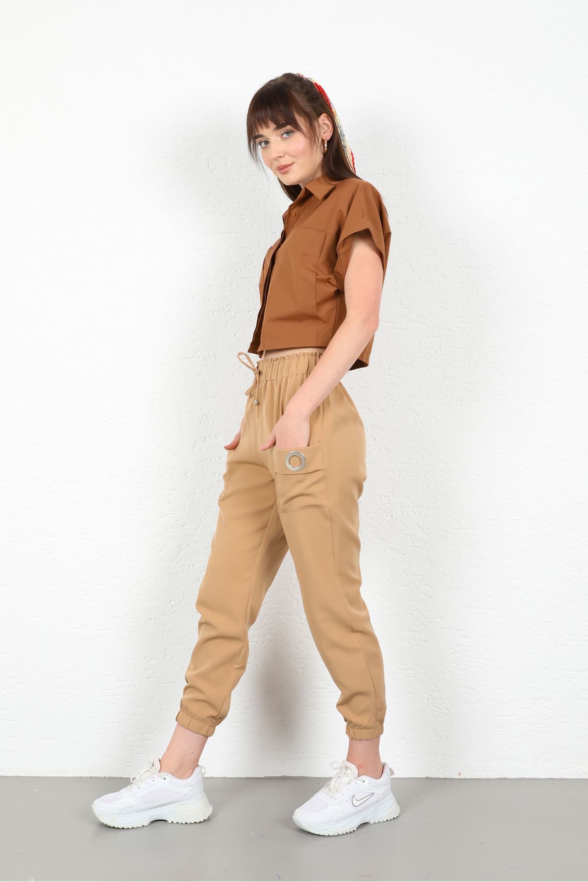 Licra Fabric Ankle Length Elastic Waist Jogger Women'S Trouser - Light Brown