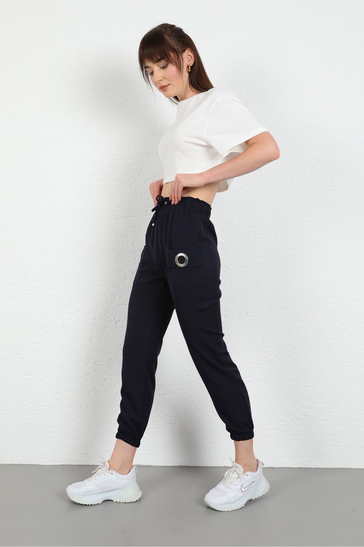 Licra Fabric Ankle Length Elastic Waist Jogger Women'S Trouser - Navy Blue 
