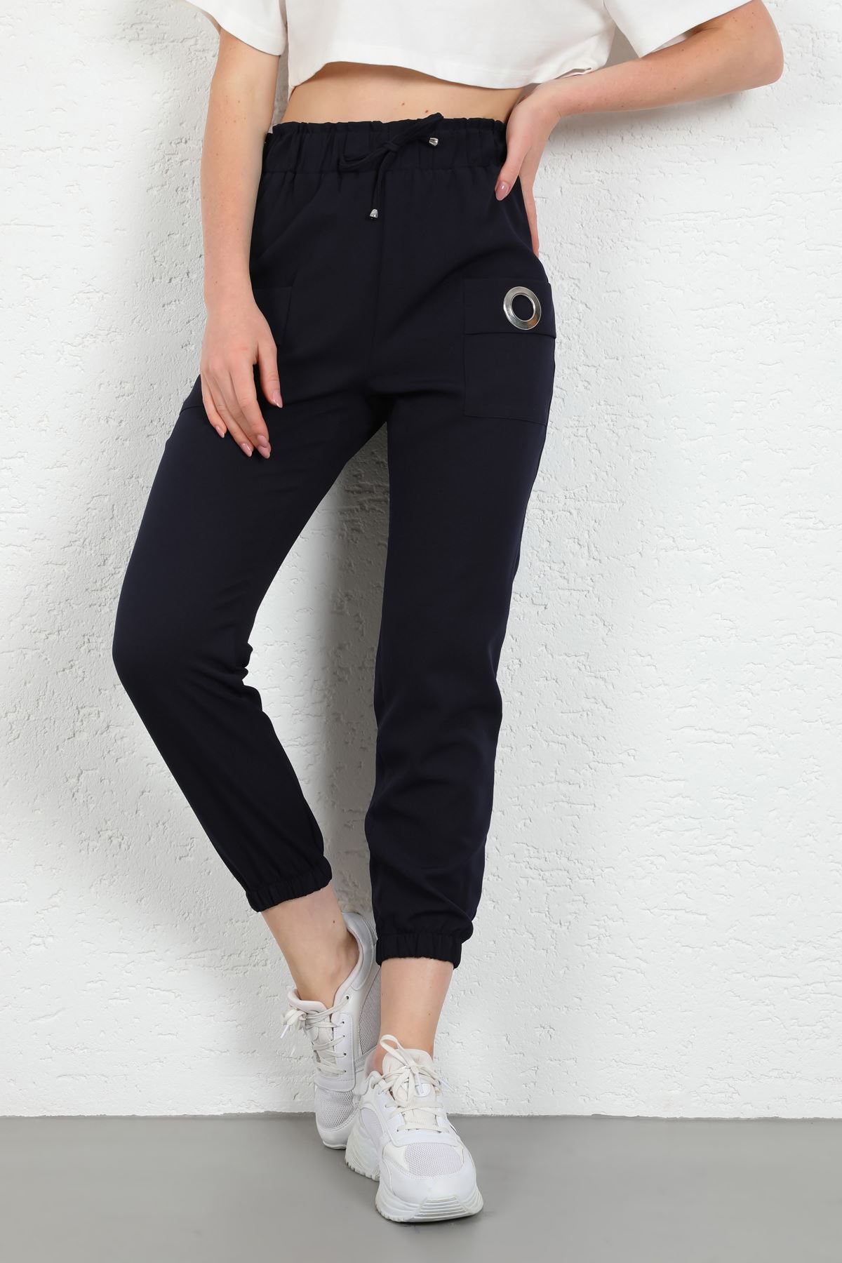 Licra Fabric Ankle Length Elastic Waist Jogger Women'S Trouser - Navy Blue 