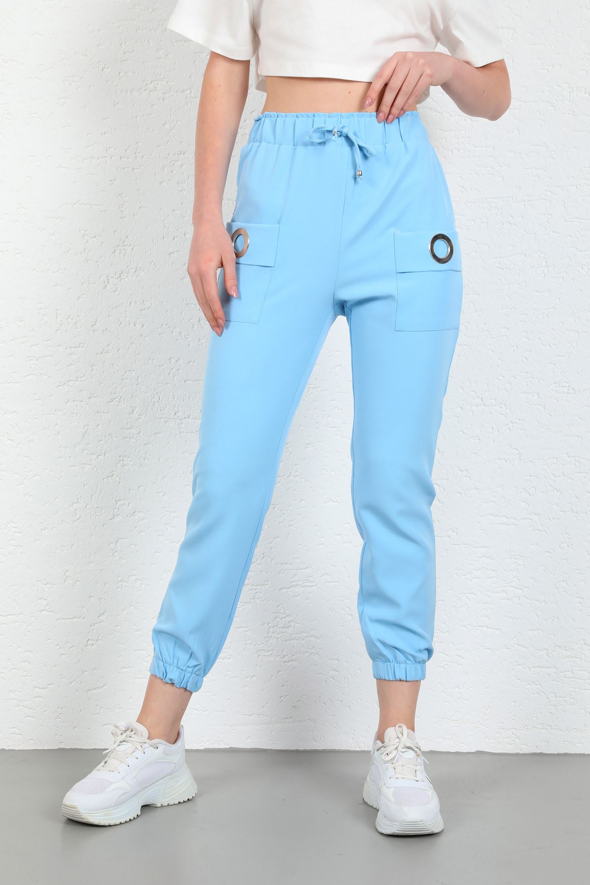 Licra Fabric Ankle Length Elastic Waist Jogger Women'S Trouser - Light Blue