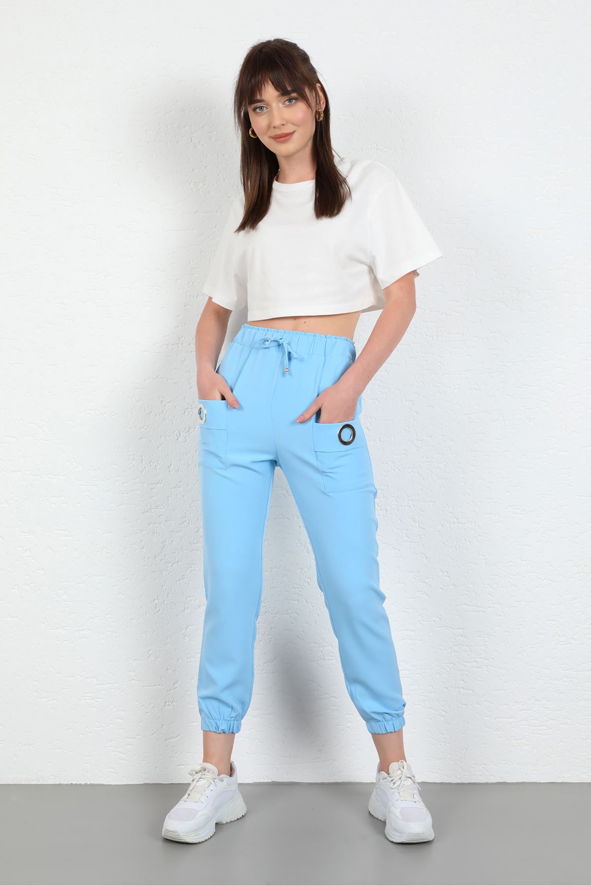 Licra Fabric Ankle Length Elastic Waist Jogger Women'S Trouser - Light Blue