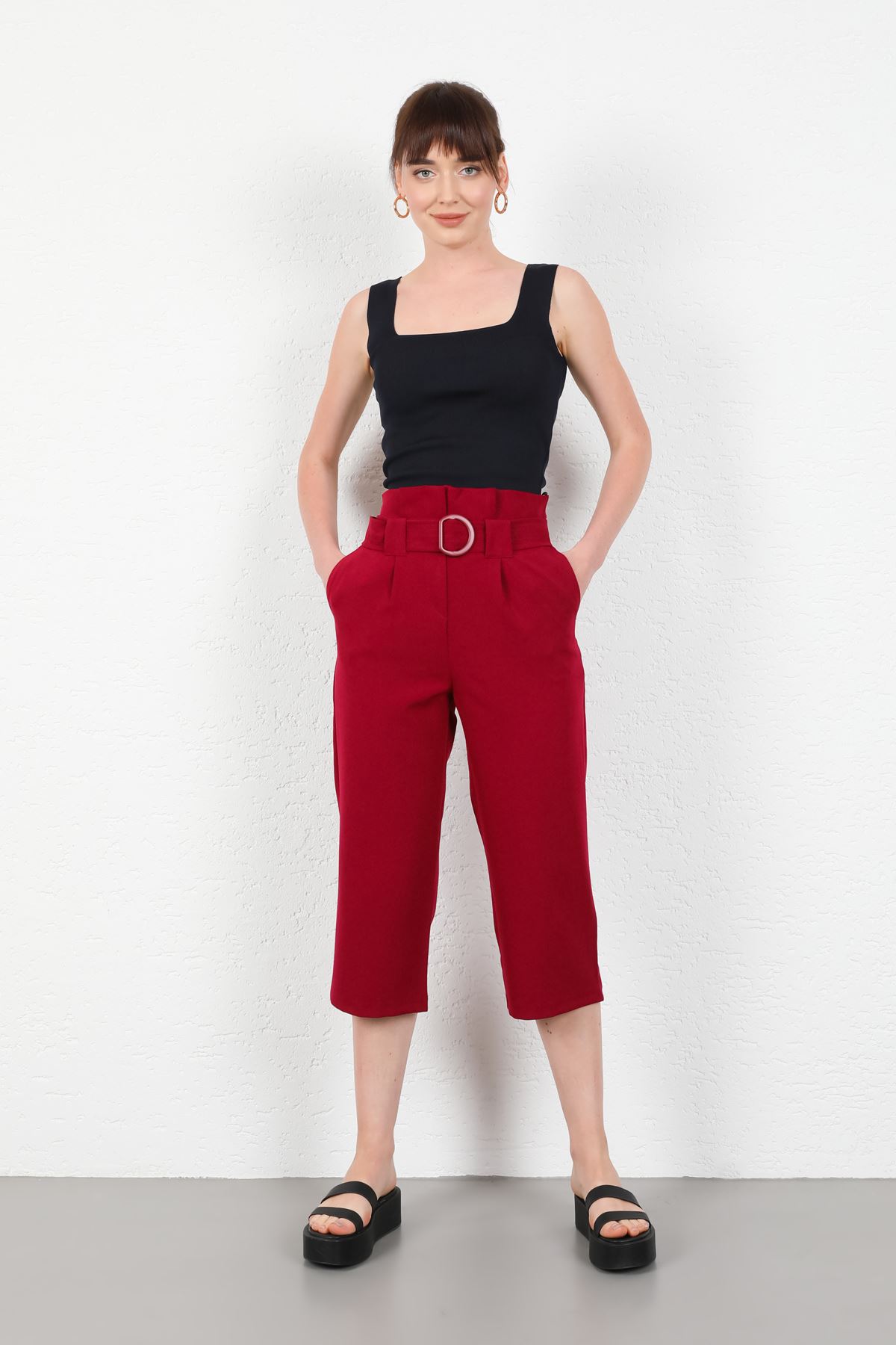 атласный ткань 3/4 длина широкие женские брюки - Бордовый