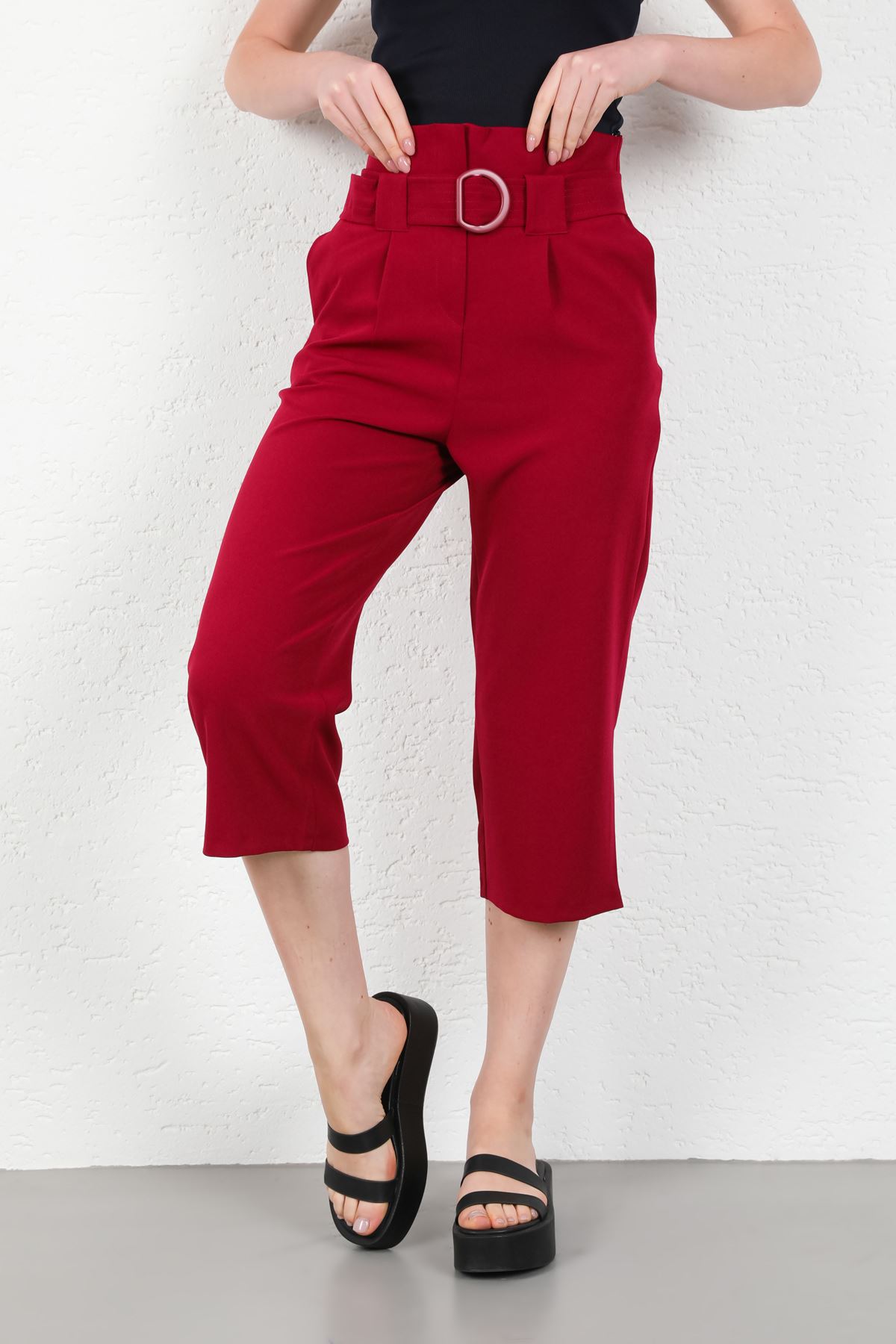 Atlas Fabric 3/4 Short Wide Wide Leg Women'S Trouser - Burgundy