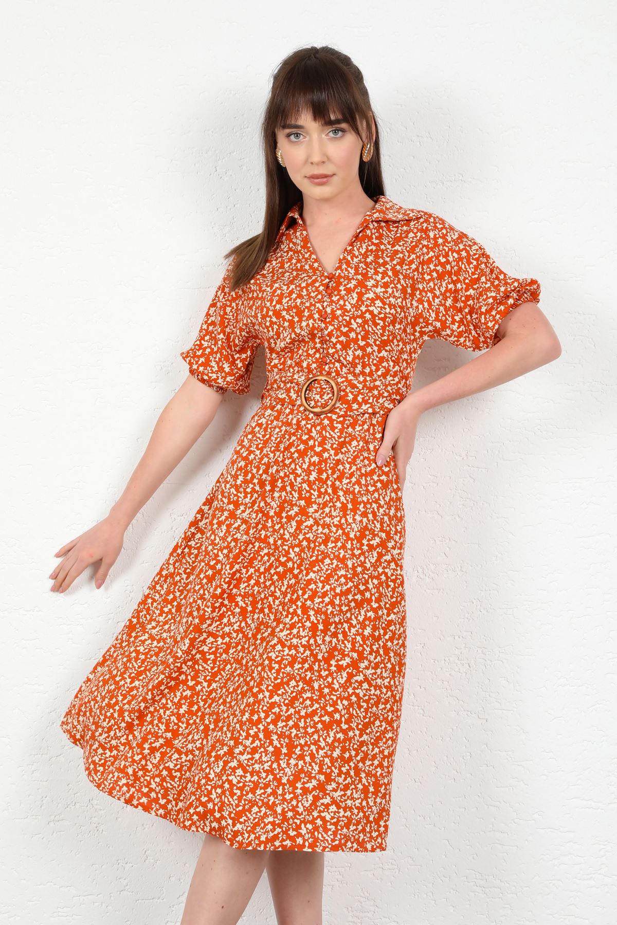 Viscose Fabric Shirt Collar Crispy Print Women Dress With Belt - Orange