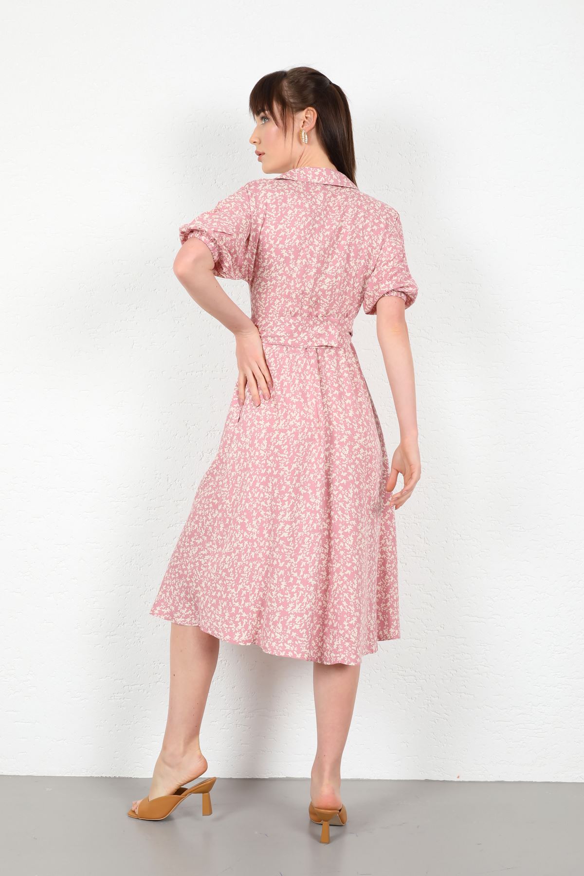 вискоза ткань отложной воротник Женское платье с ремнем - Светло розовый