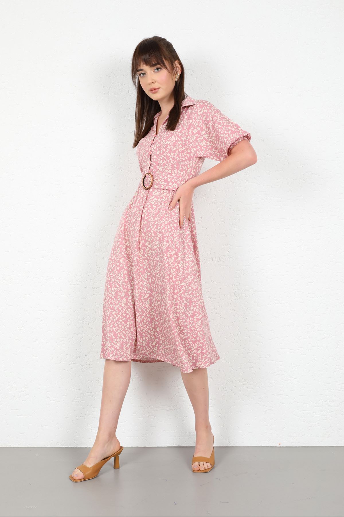 Viscose Fabric Crispy Print Women Dress With Belt - Light Pink