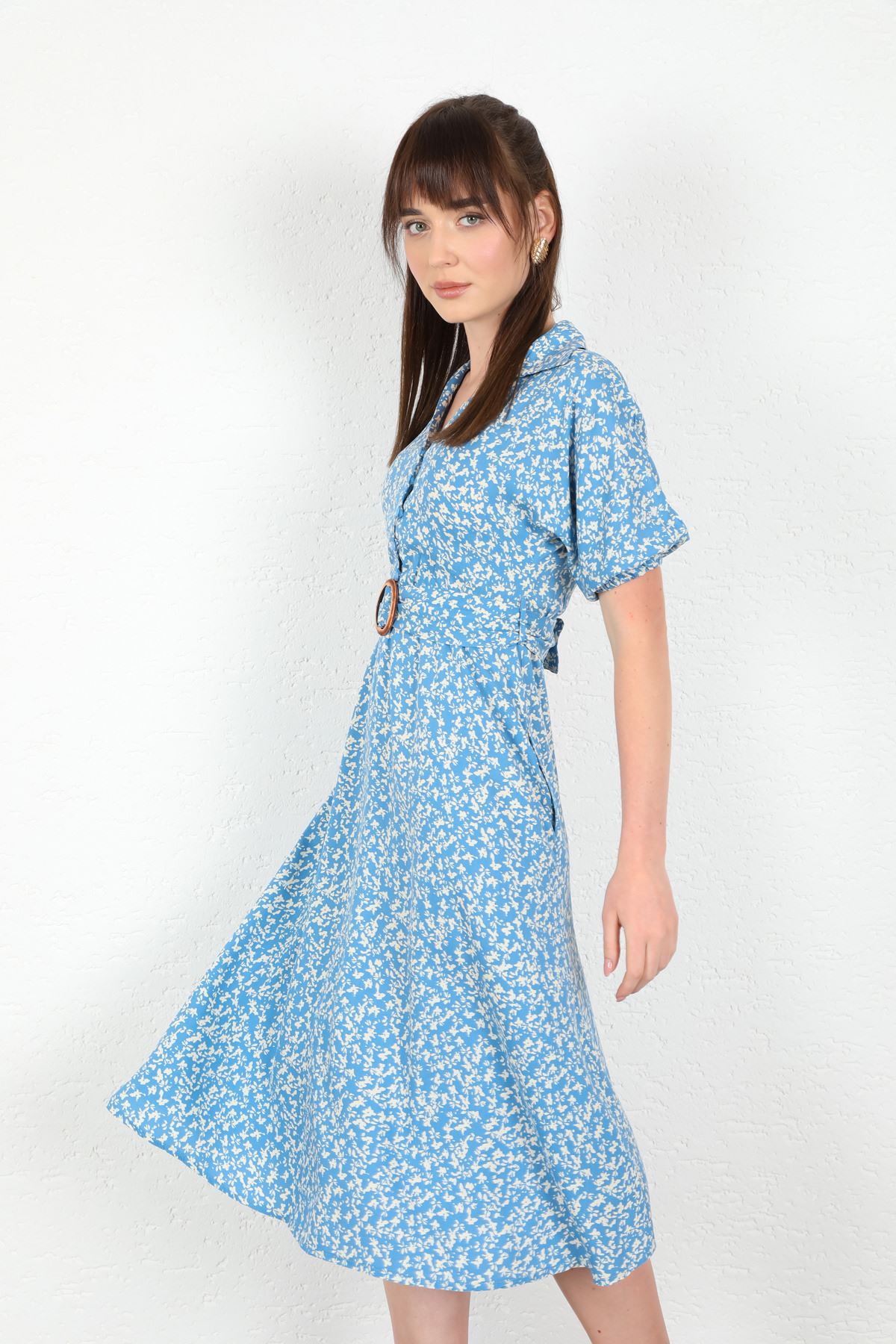Viscose Fabric Crispy Print Women Dress With Belt - Blue