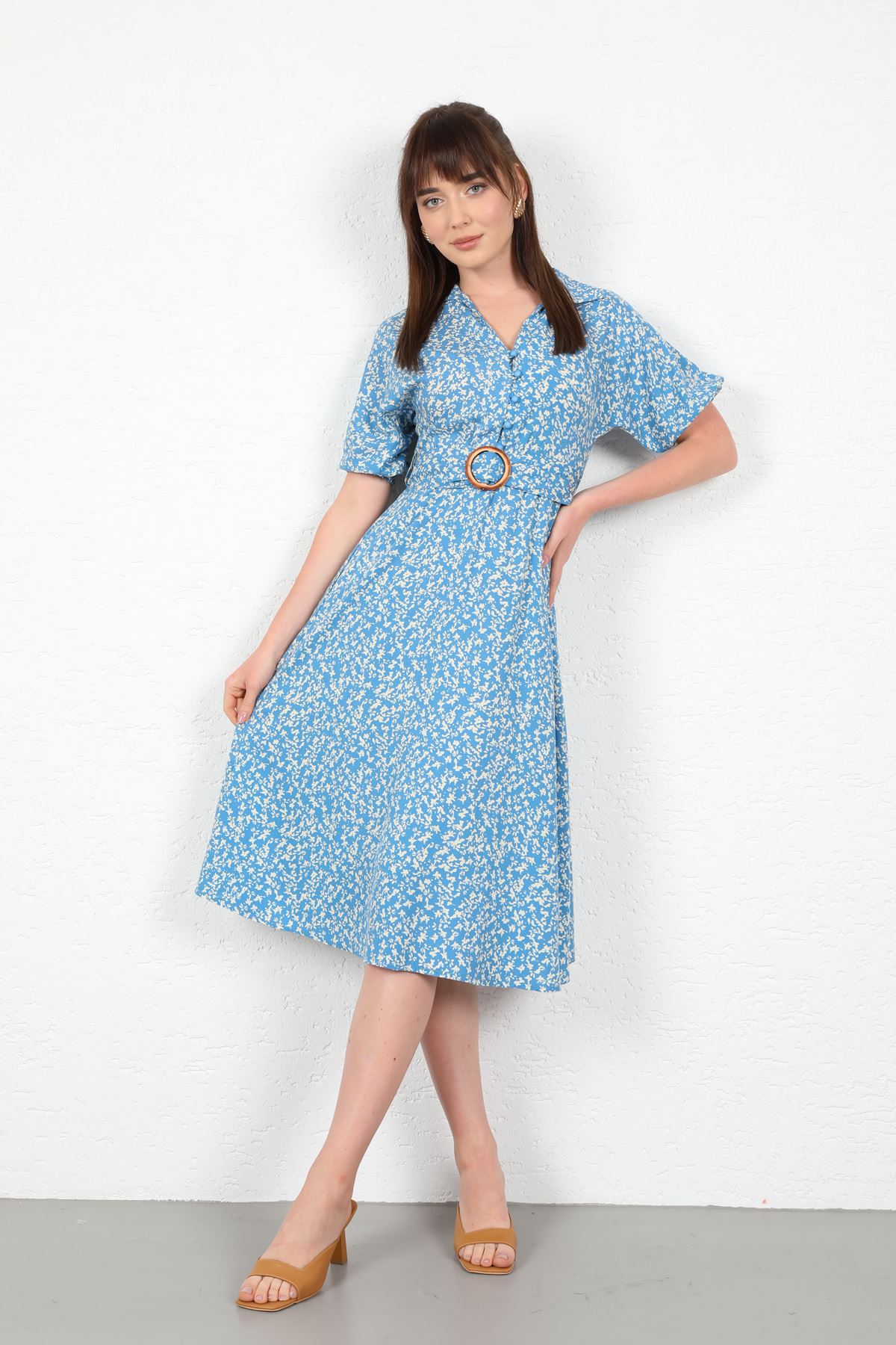 Viscose Fabric Crispy Print Women Dress With Belt - Blue