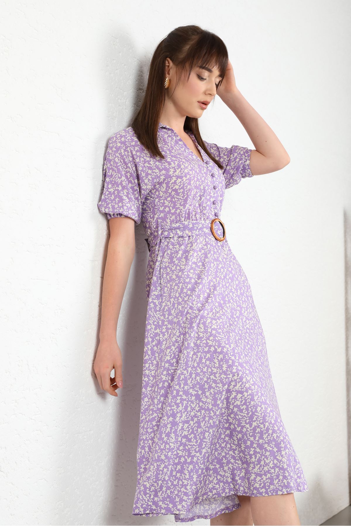 Viscose Fabric Crispy Print Women Dress With Belt - Lilac
