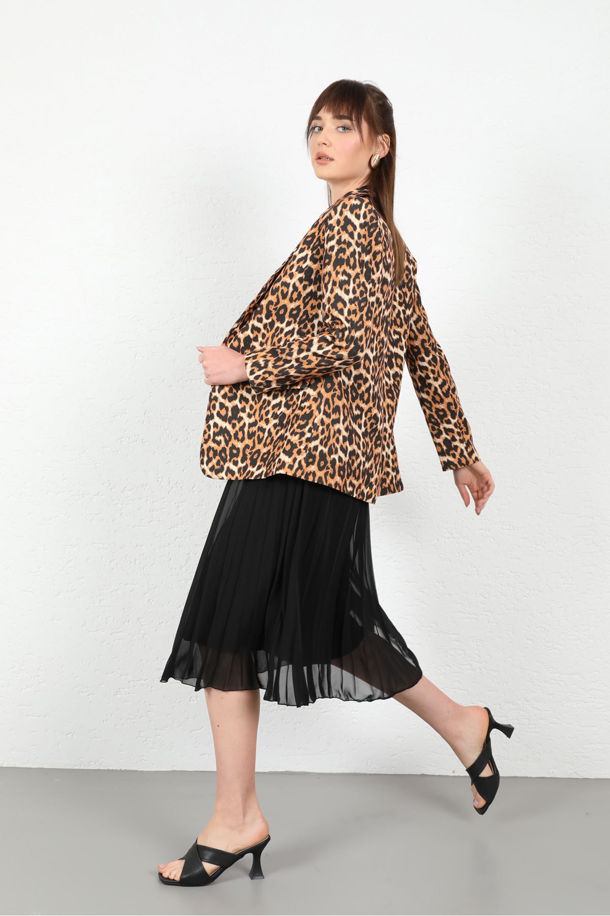 Лайкра ткань шалевый воротник джоггеры леопардовый женский пиджак - Светло коричневый