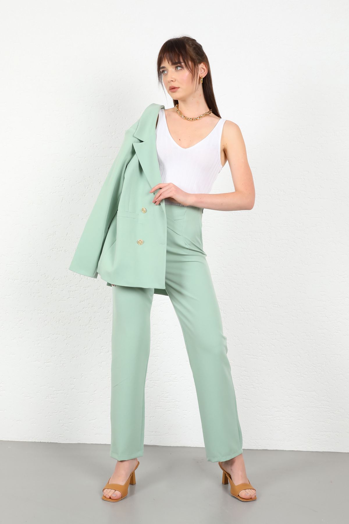 Atlas Fabric Long Sleeve Hip Height Women Blazzer Jacket-Mint