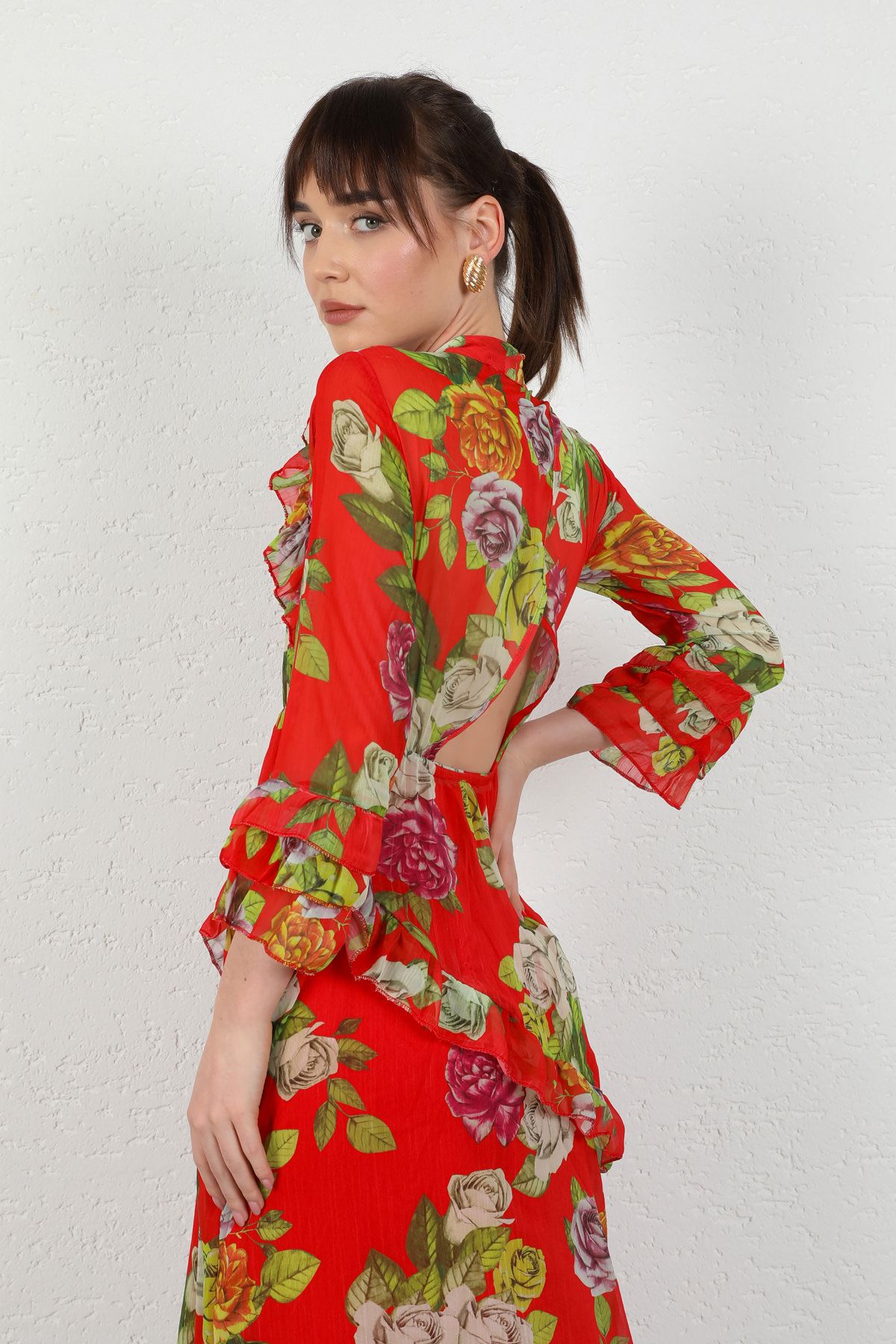 فستان نسائي طويل بأكمام شيفون من يوريو-أحمر