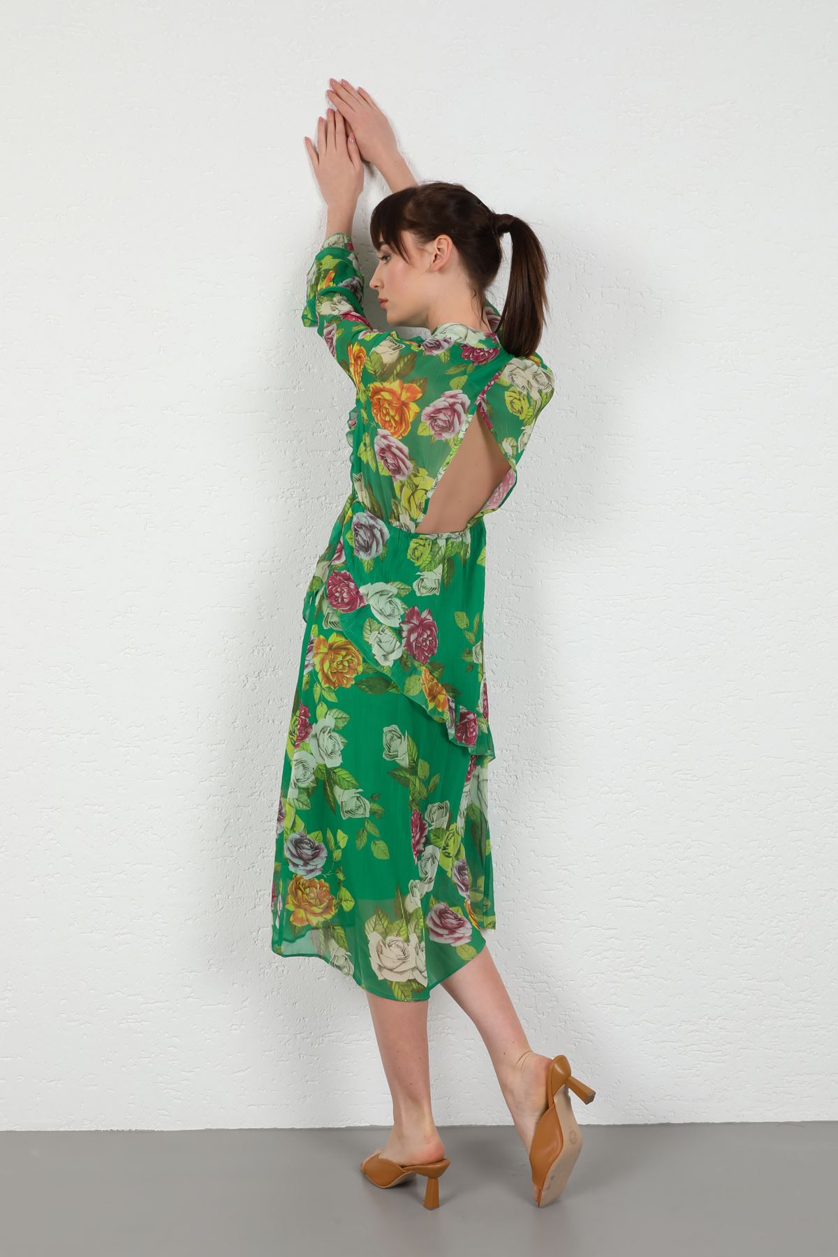 فستان نسائي طويل بأكمام شيفون من يوريو-اخضر