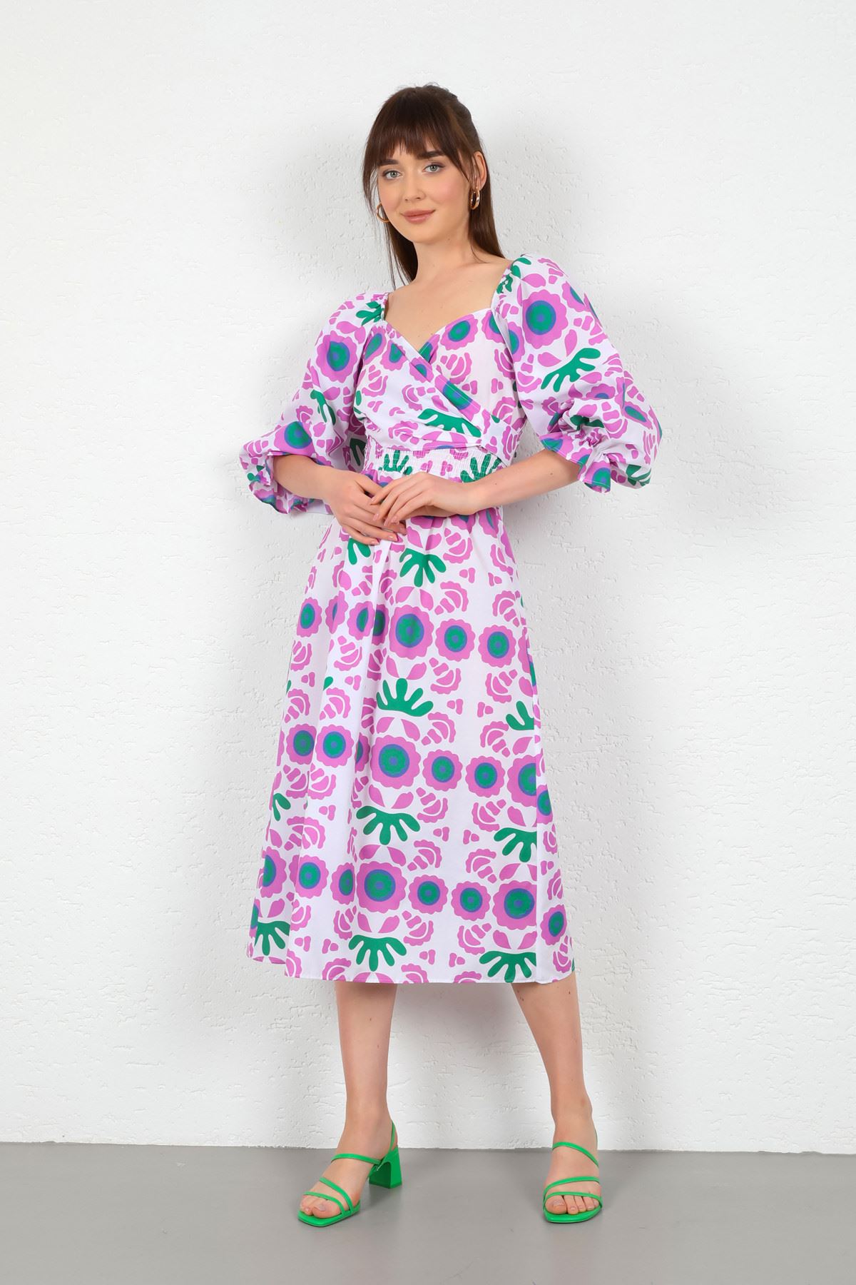 Terikoton Fabric Flower Pattern Back Detail Midi Women Dress-Lilac