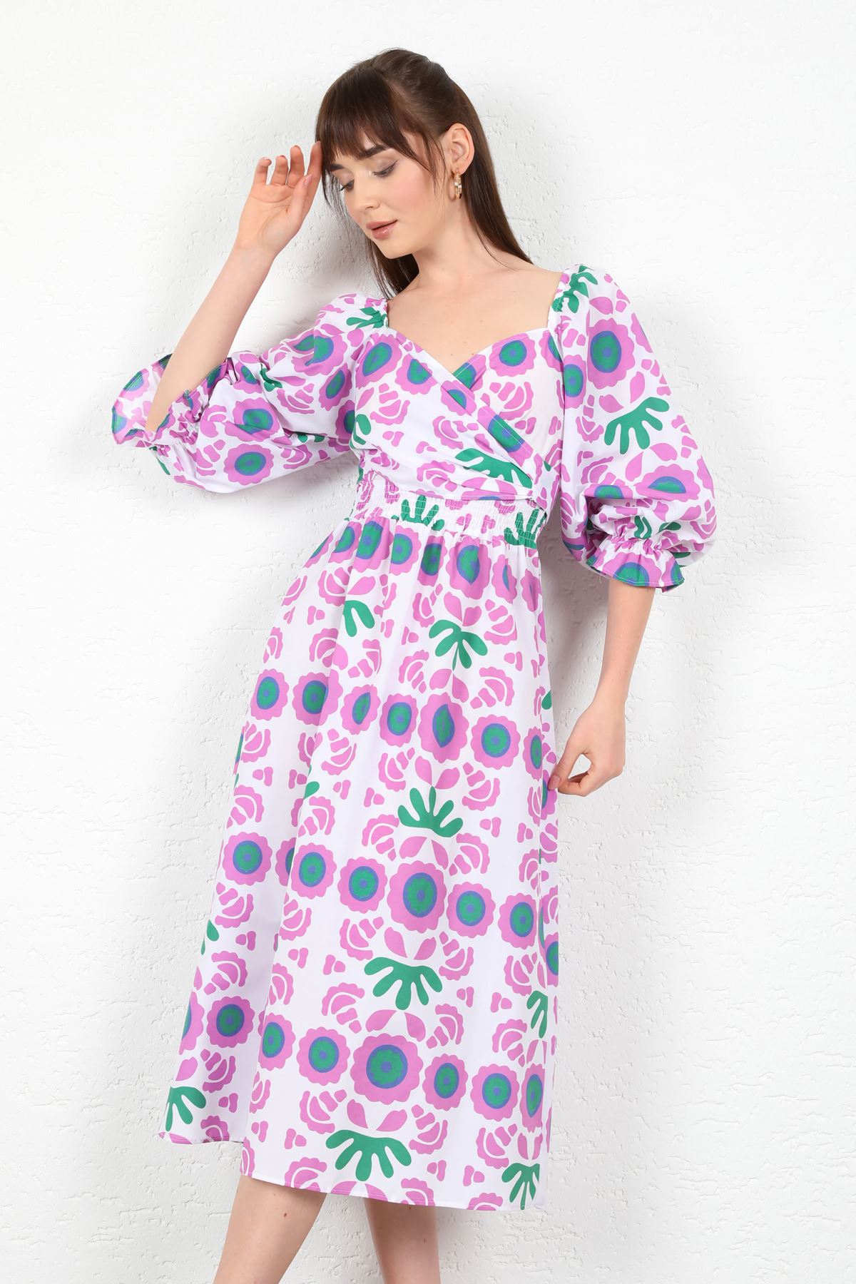 Terikoton Fabric Flower Pattern Back Detail Midi Women Dress-Lilac