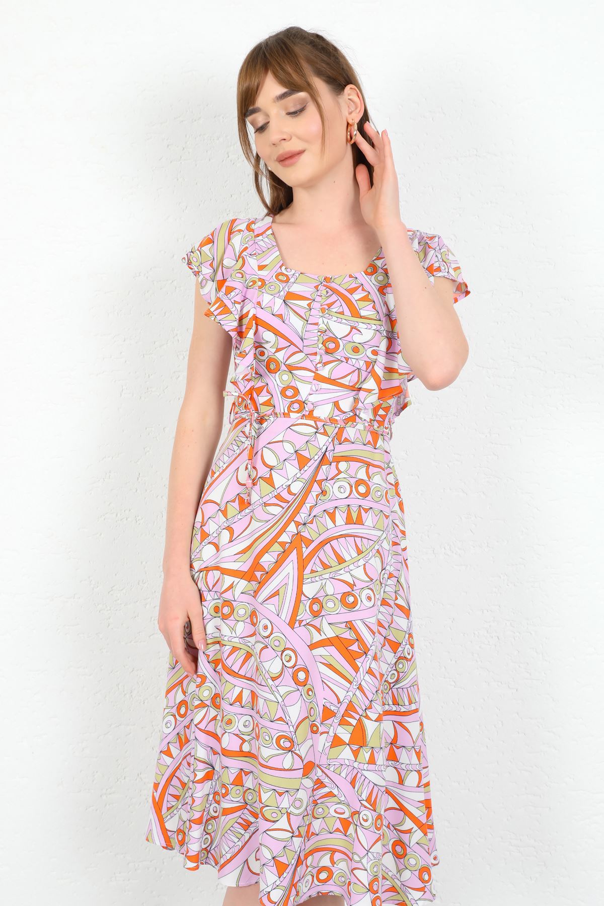 Viscon Fabric Geometric Pattern Frilly Women Dress-Lilac