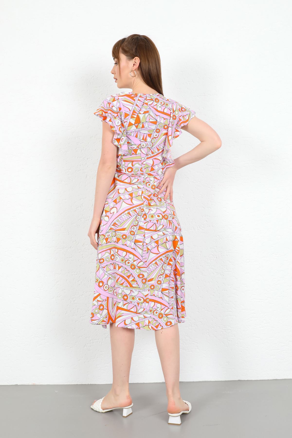 Viscon Fabric Geometric Pattern Frilly Women Dress-Lilac