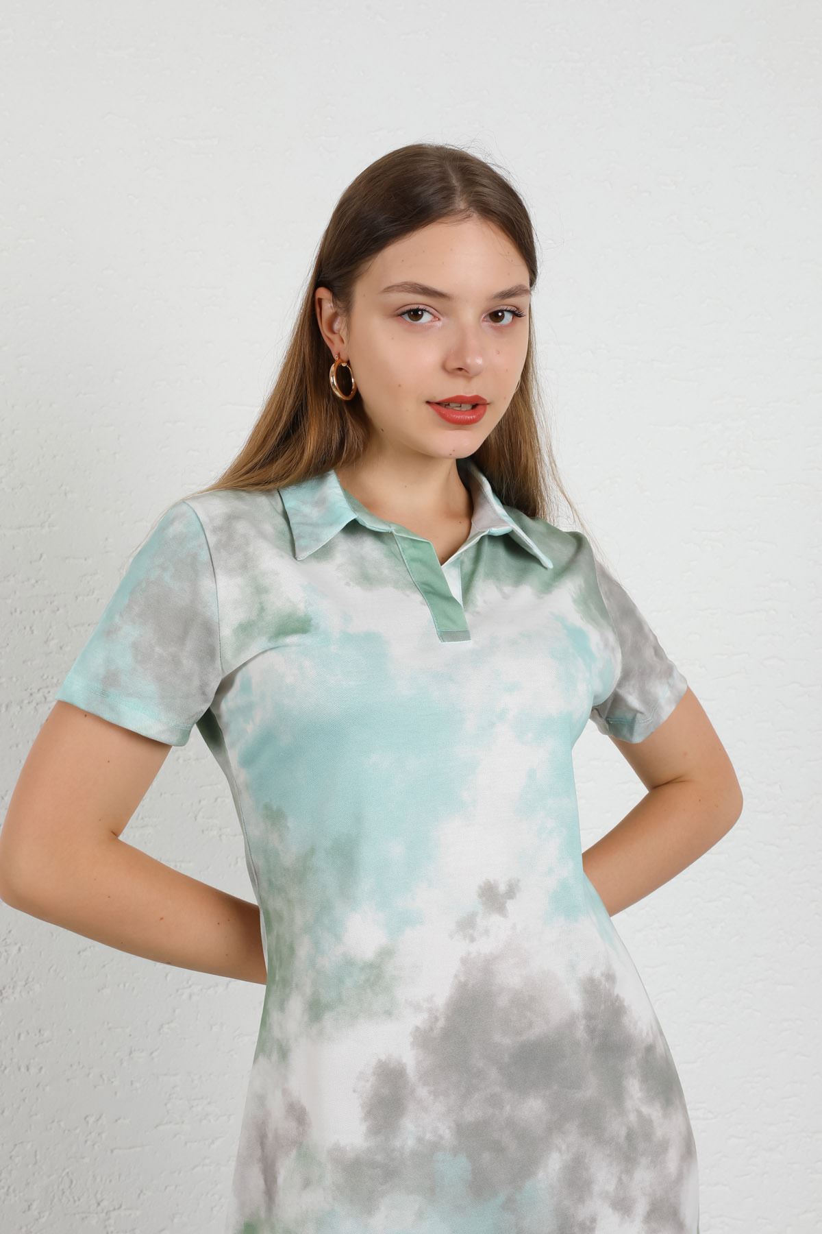 Knit Fabric Short Sleeve Polo Collar Mini Tight Fit Cloud Print Women Dress - Green