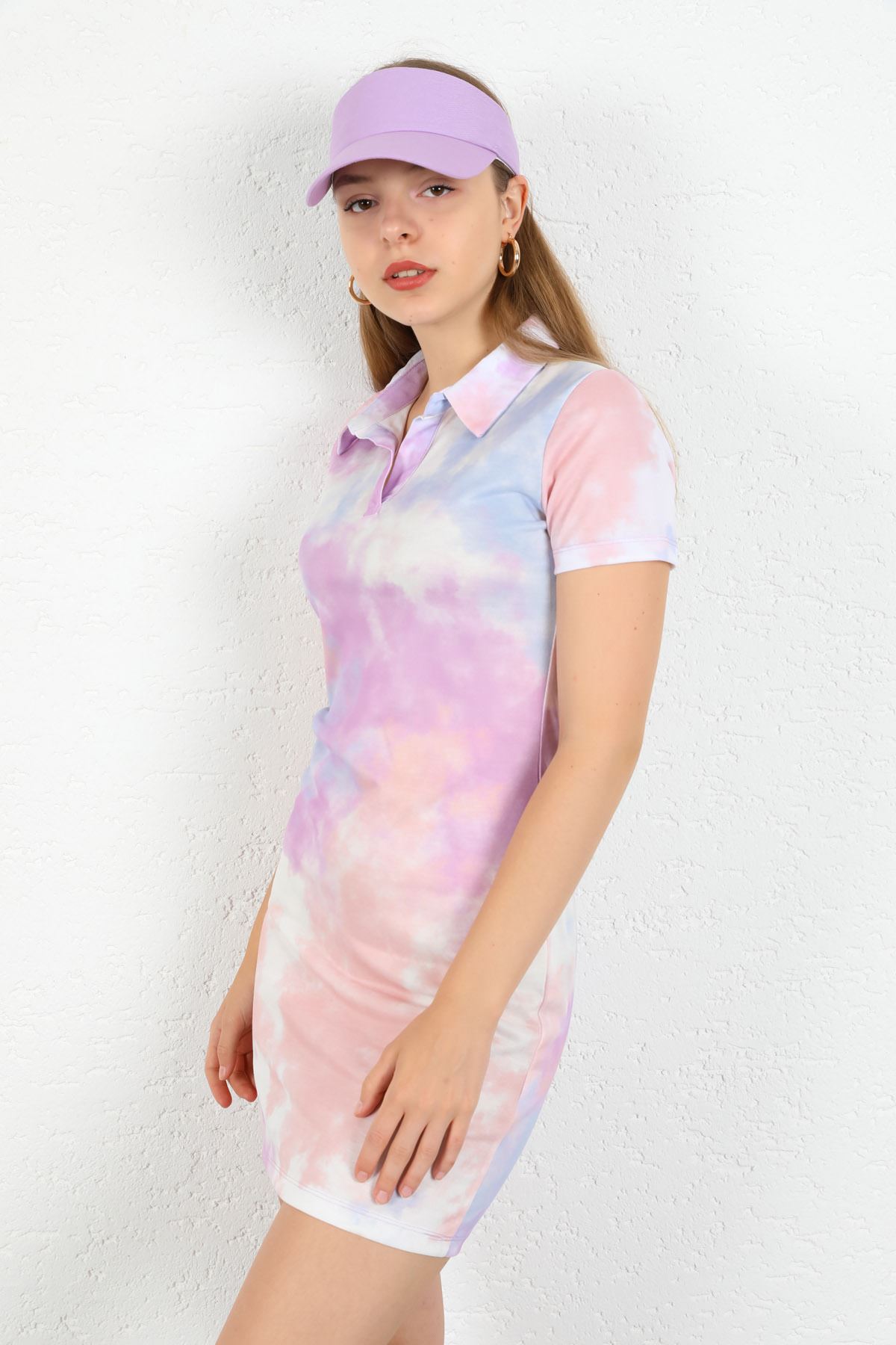 Knit Fabric Short Sleeve Polo Collar Mini Tight Fit Cloud Print Women Dress - Lilac