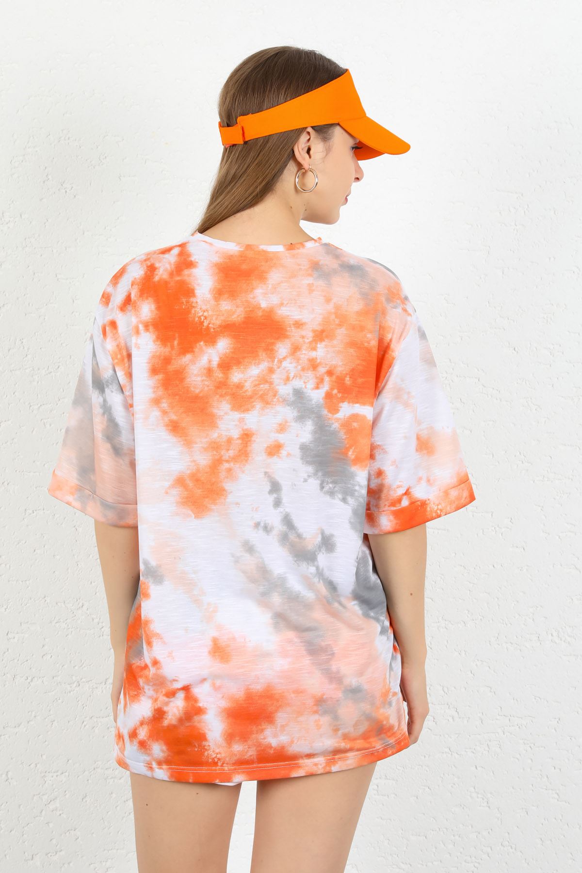 Flam Fabric Short Sleeve Hip Height Oversize Tie-Dye Print Women'S T-Shirt - Salmon