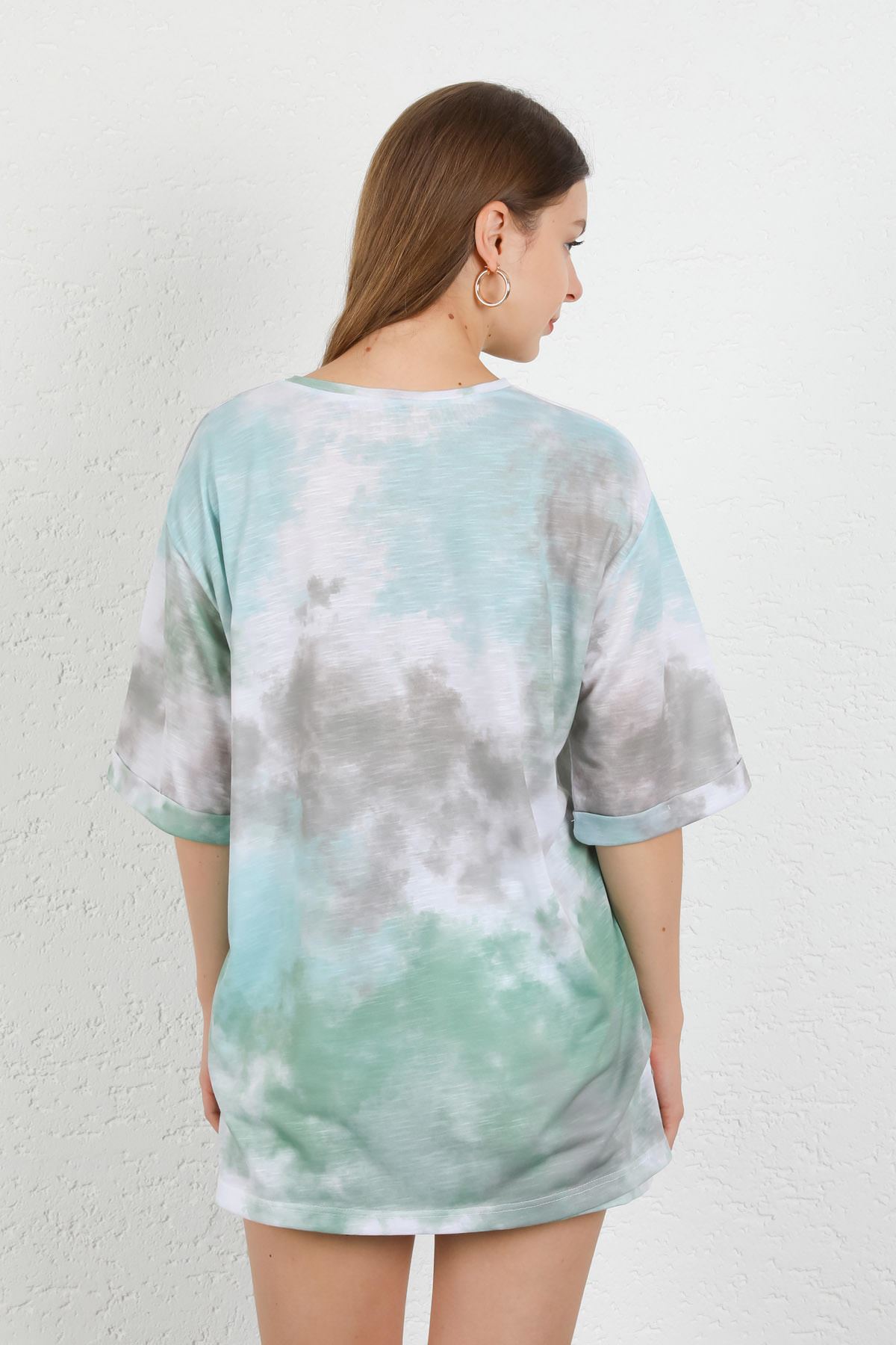 Flam Kumaş Basen Boy Oversize/Salaş Batik Desenli Kadın T-Shirt-Mint