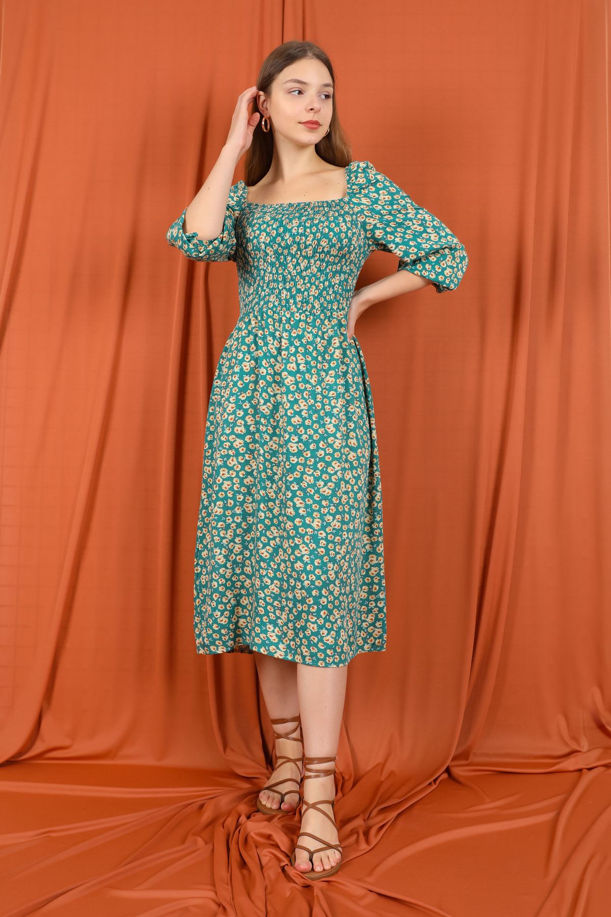 рукава средный длины Квадратная шея цветочный принтженское платье - Зелёный