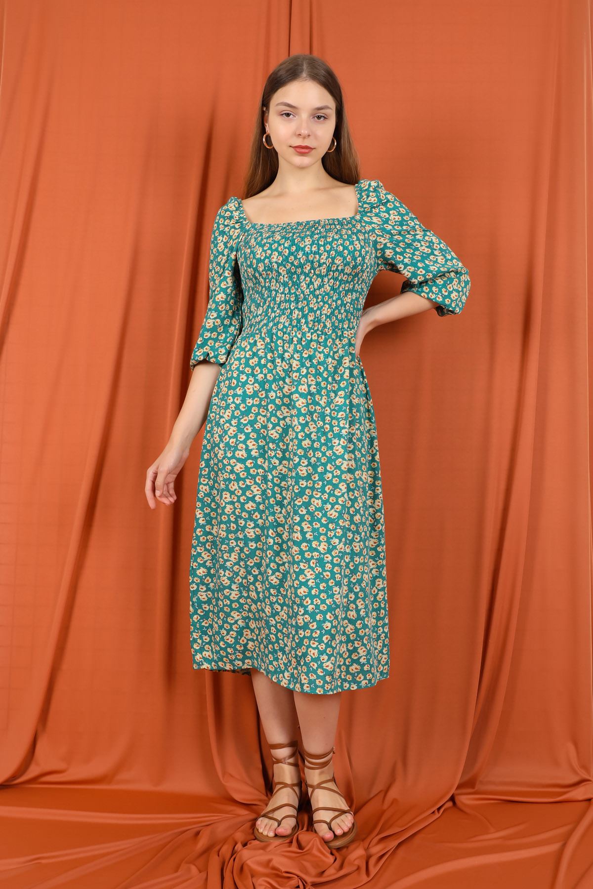 Square Neckline Tight Fit Floral Print Women Dress - Green