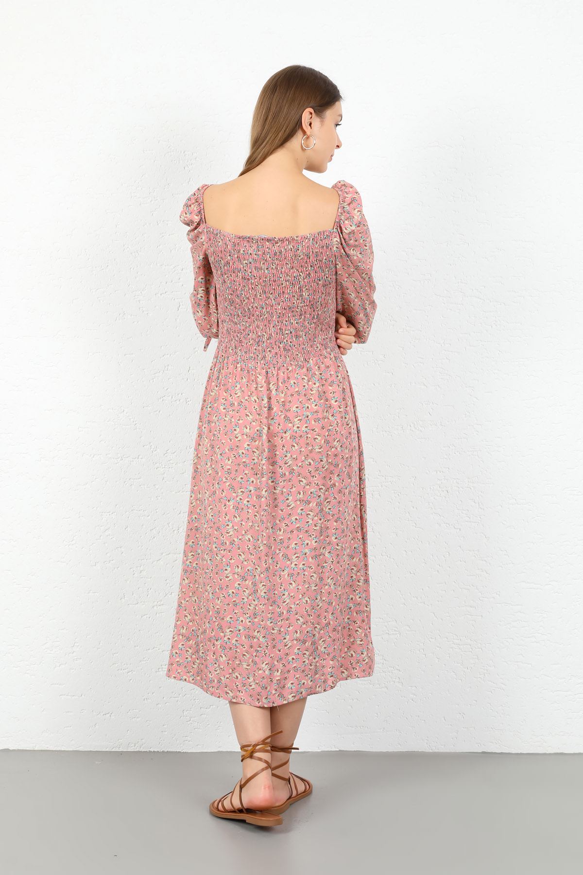 Square Neckline Tight Fit Floral Print Women Dress - Light Pink