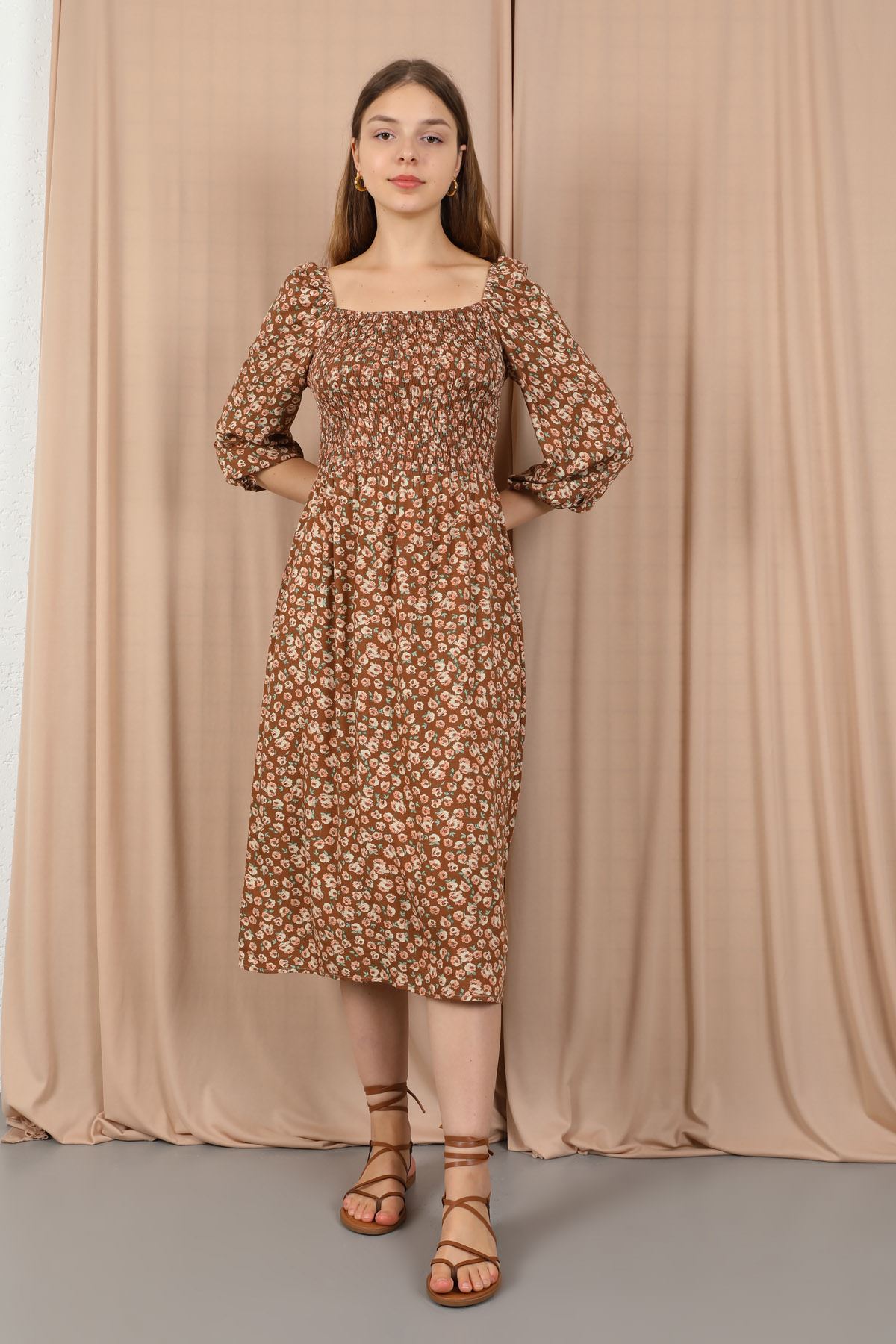 Square Neckline Tight Fit Floral Print Women Dress - Brown