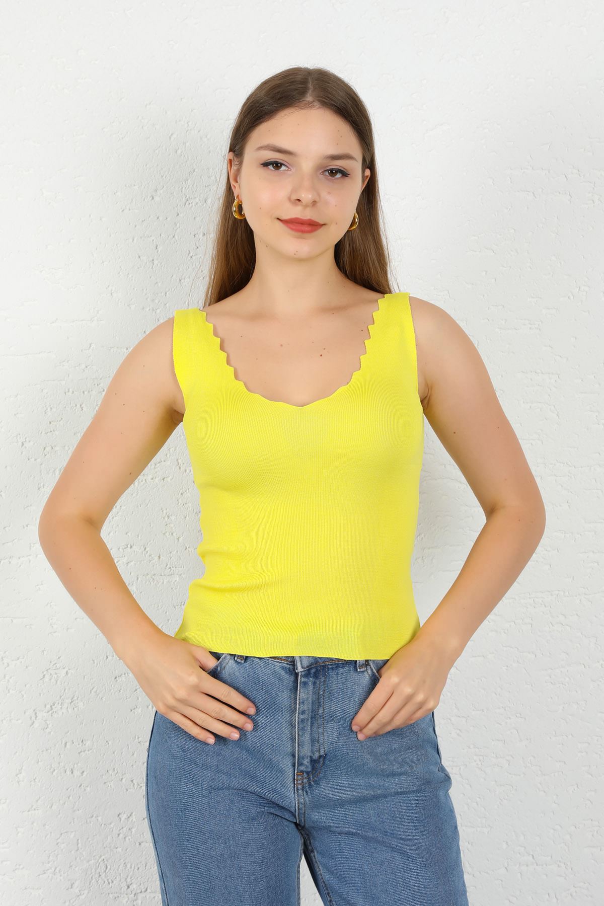 Triko Kumaş Merdiven Yaka Kadın Bluz-Sarı