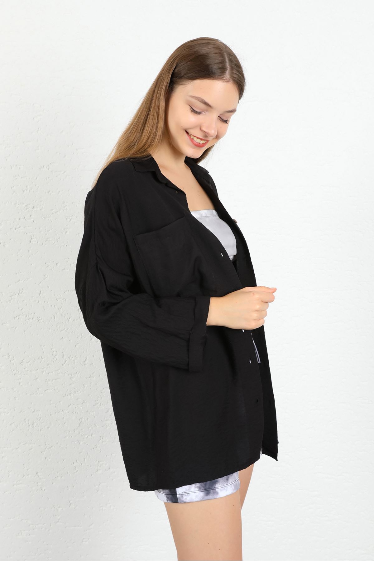 Aerobin Fabric Long Sleeve Shirt Collar Below Hip Oversize Women'S Shirt - Black