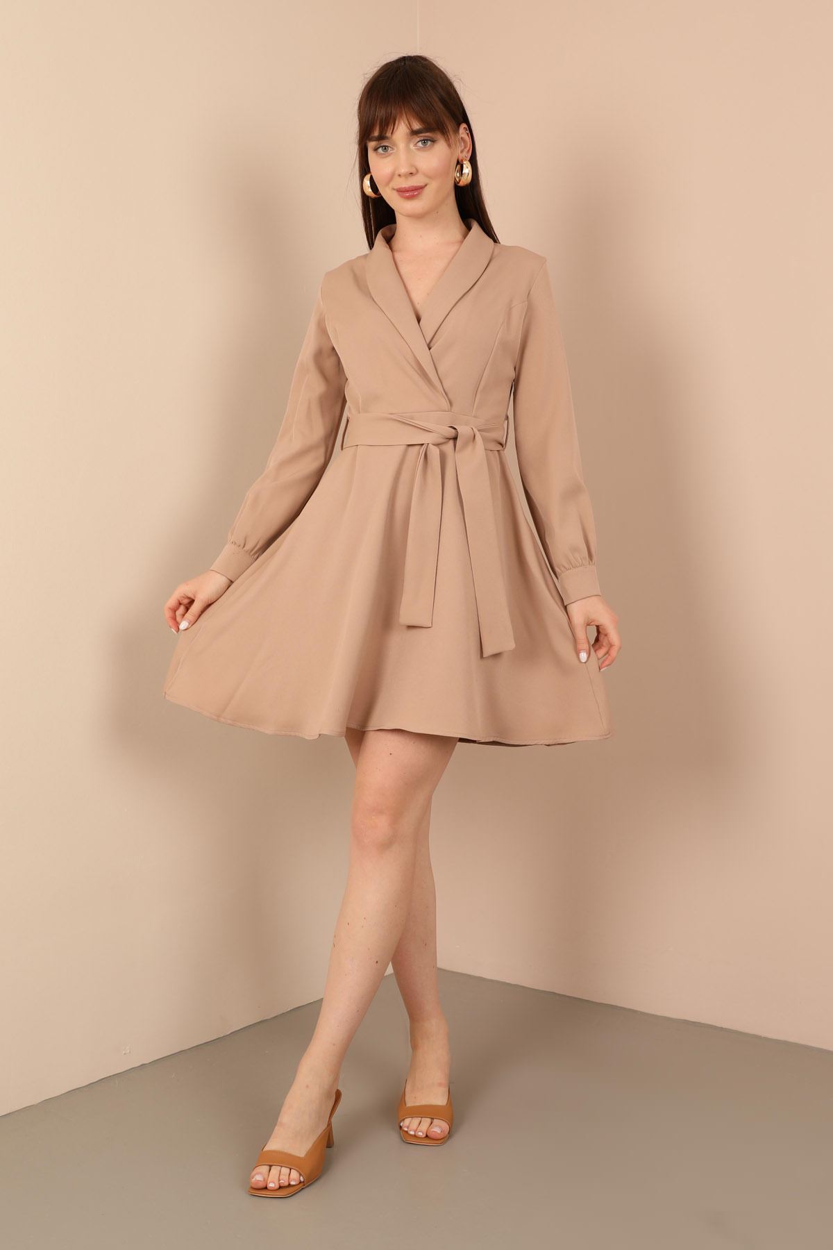 Atlas Fabric Long Sleeve Shawl Collar A Cut Women Dress-Mink