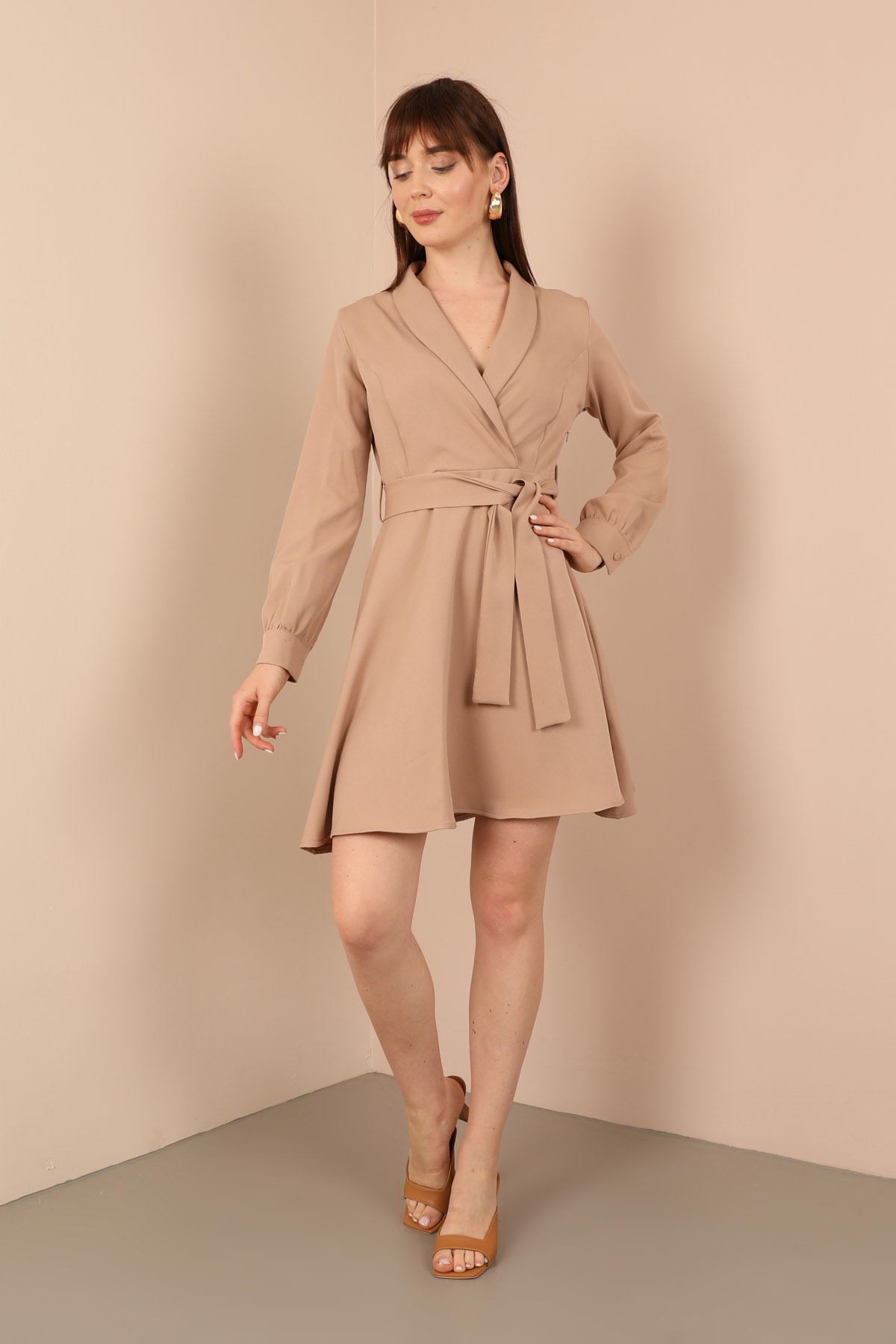 Atlas Fabric Long Sleeve Shawl Collar A Cut Women Dress-Mink