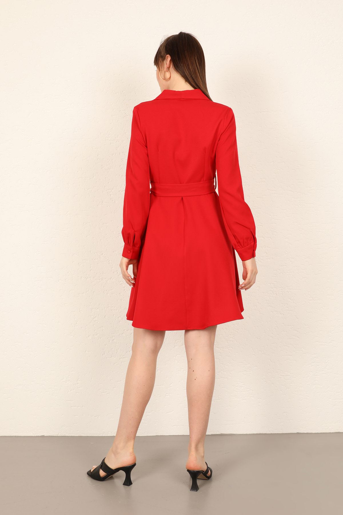 Atlas Fabric Long Sleeve Shawl Collar A Cut Women Dress-Red