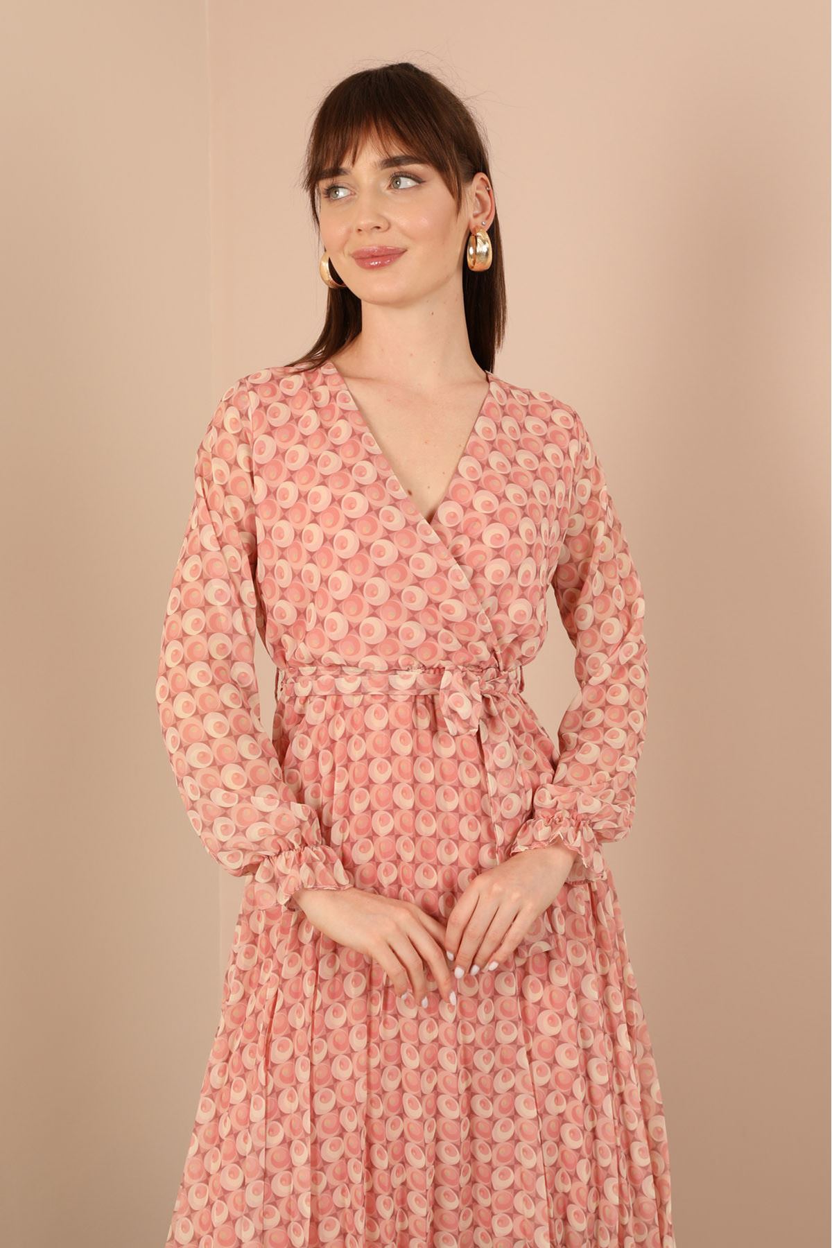 Шифоновая ткань рисунком плиссированное женское платье-Светло розовый