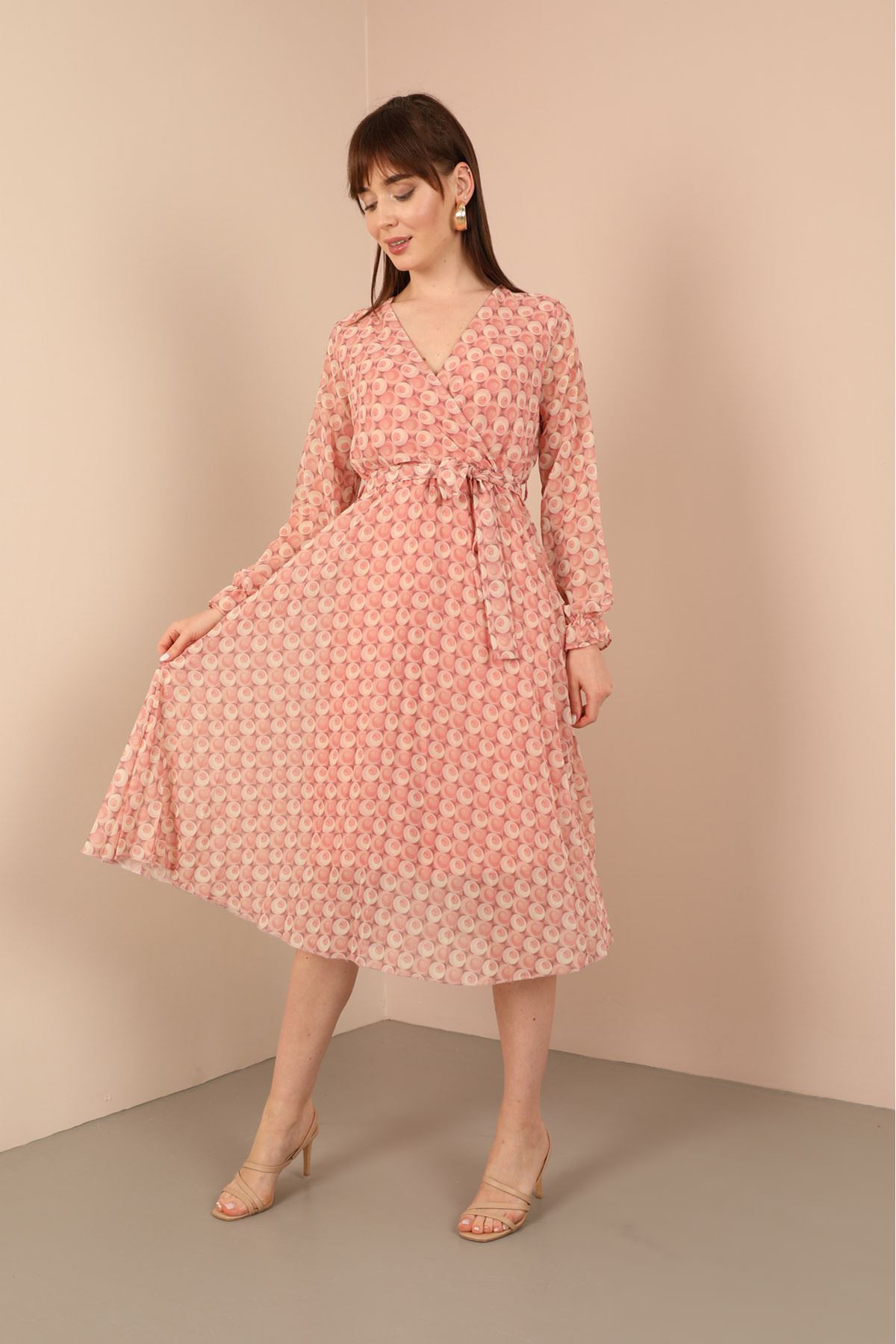 Chiffon Fabric V-Neck Geometric Pattern Pleated Women Dress-Light Pink