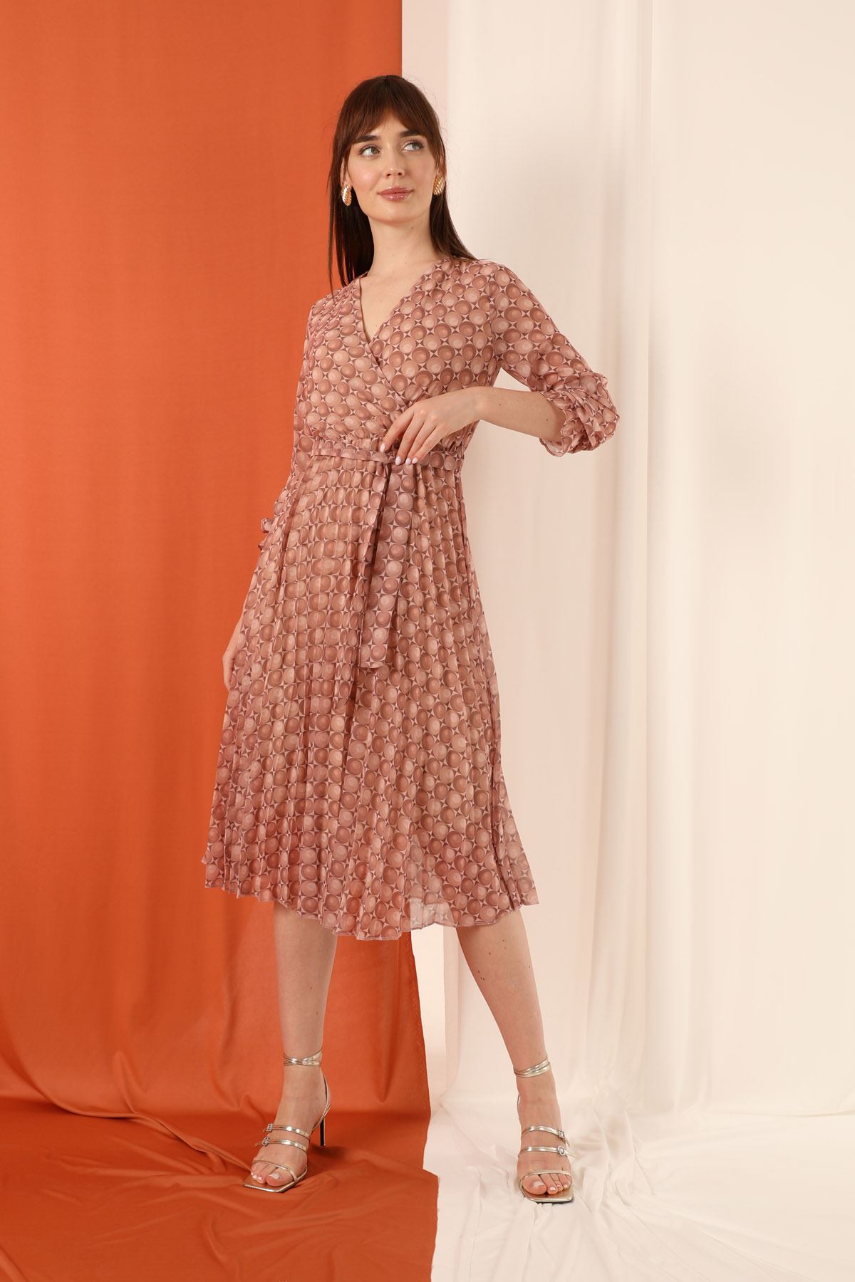 Chiffon Fabric V-Neck Geometric Pattern Pleated Women Dress-Mink