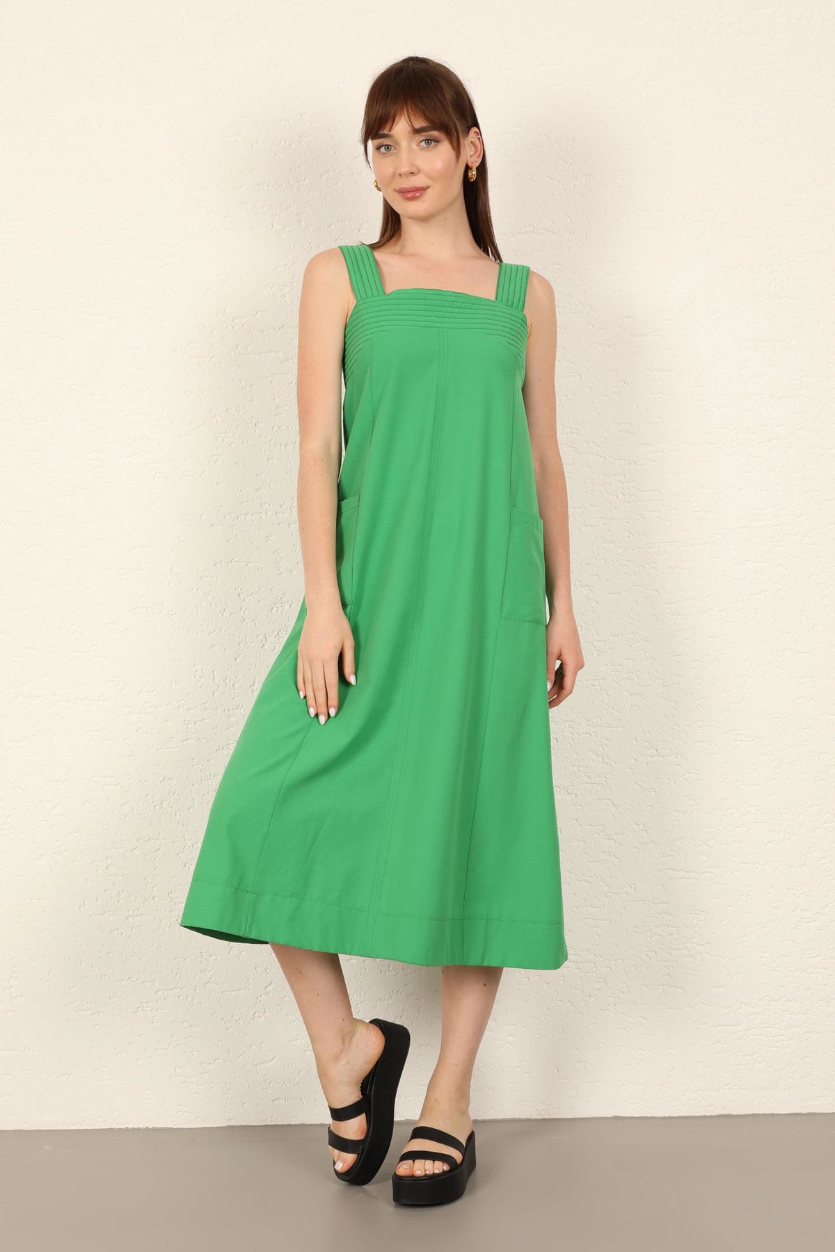 Soft Kumaş İki Cepli Uzun Kadın Elbise-Yeşil