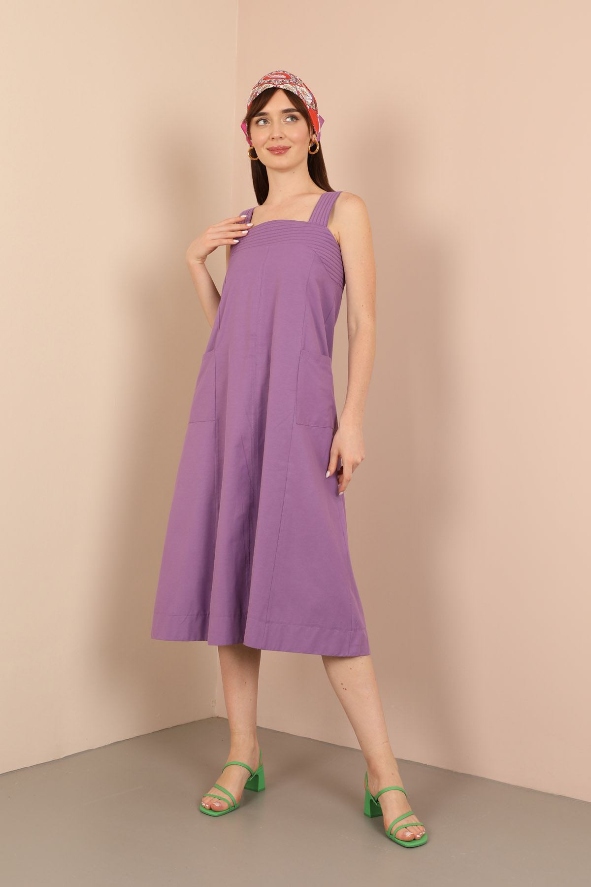 Soft Kumaş İki Cepli Uzun Kadın Elbise-Lila
