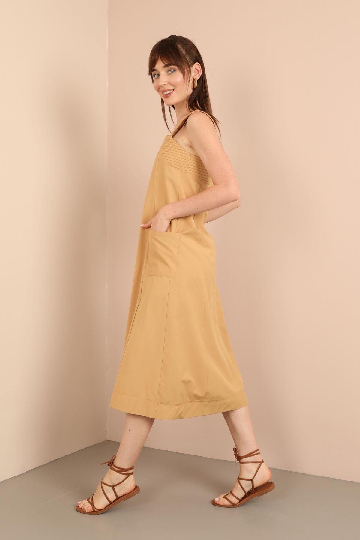 Soft Kumaş İki Cepli Uzun Kadın Elbise-Bisküvi