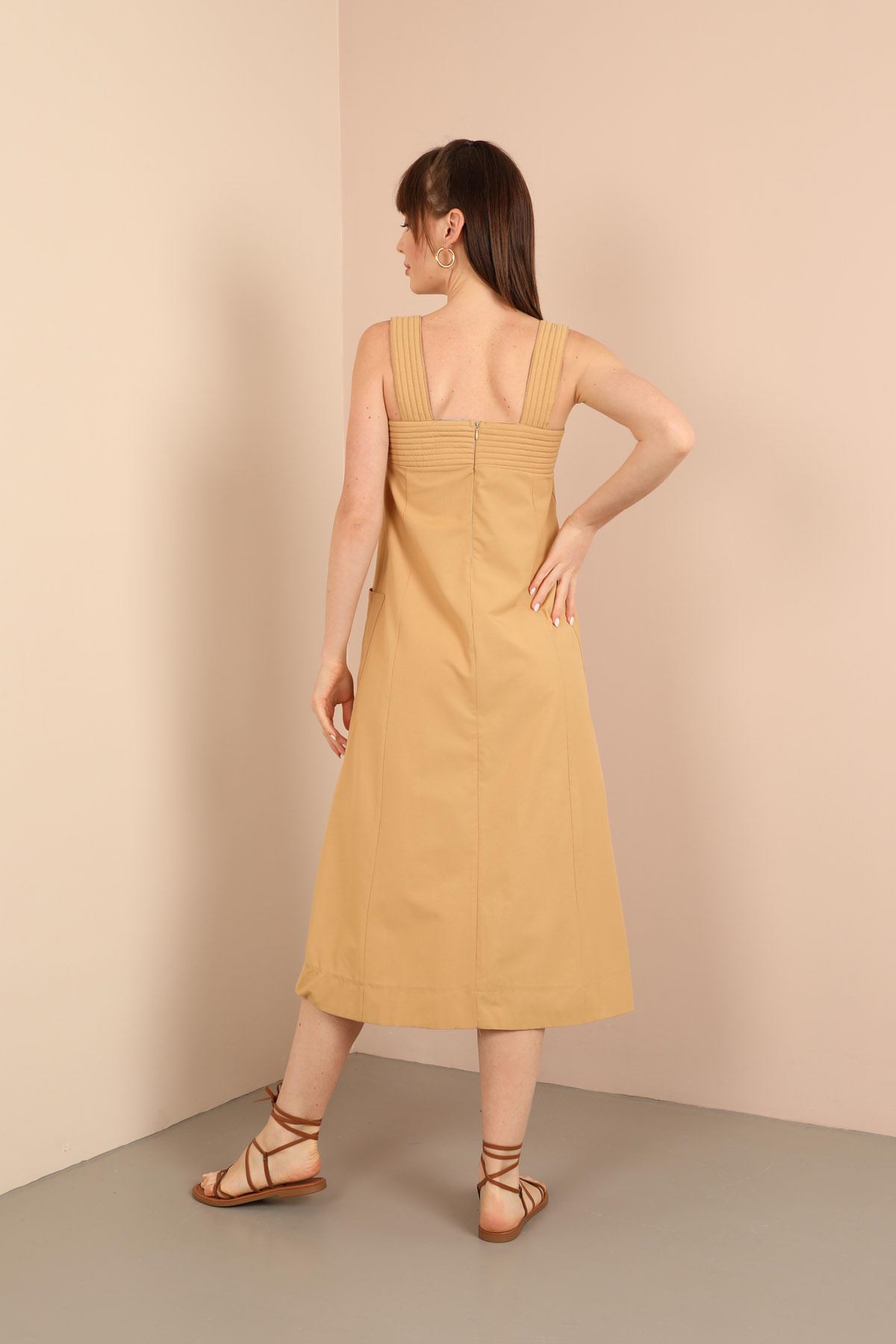 Soft Kumaş İki Cepli Uzun Kadın Elbise-Bisküvi