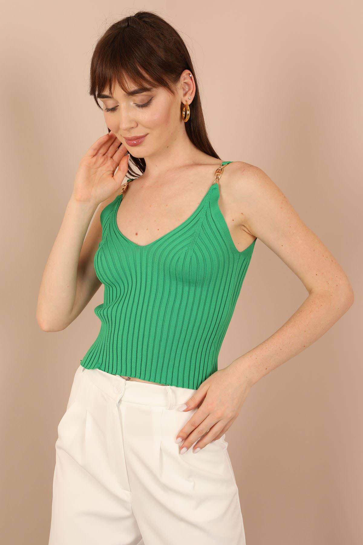 Triko Kumaş Omuzları Toka Detaylı Kadın Bluz-Neon Yeşil