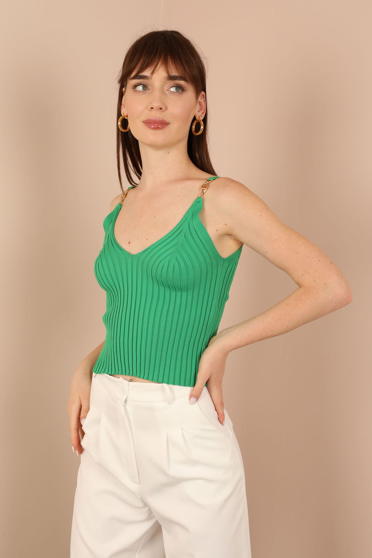 Triko Kumaş Omuzları Toka Detaylı Kadın Bluz-Neon Yeşil