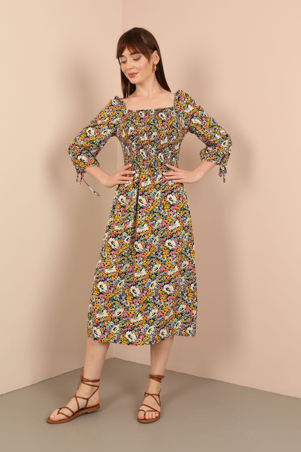 Viscose Fabric Square Neckline Midi Floral Print Women Dress - Mustard