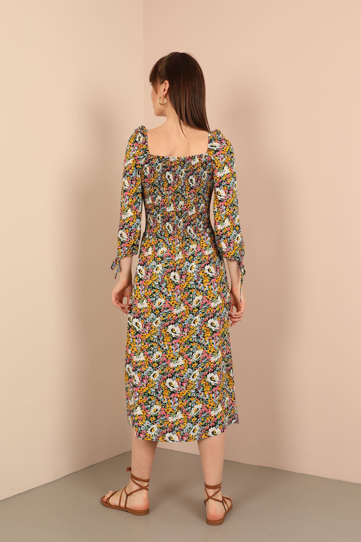 Viscose Fabric Square Neckline Midi Floral Print Women Dress - Mustard
